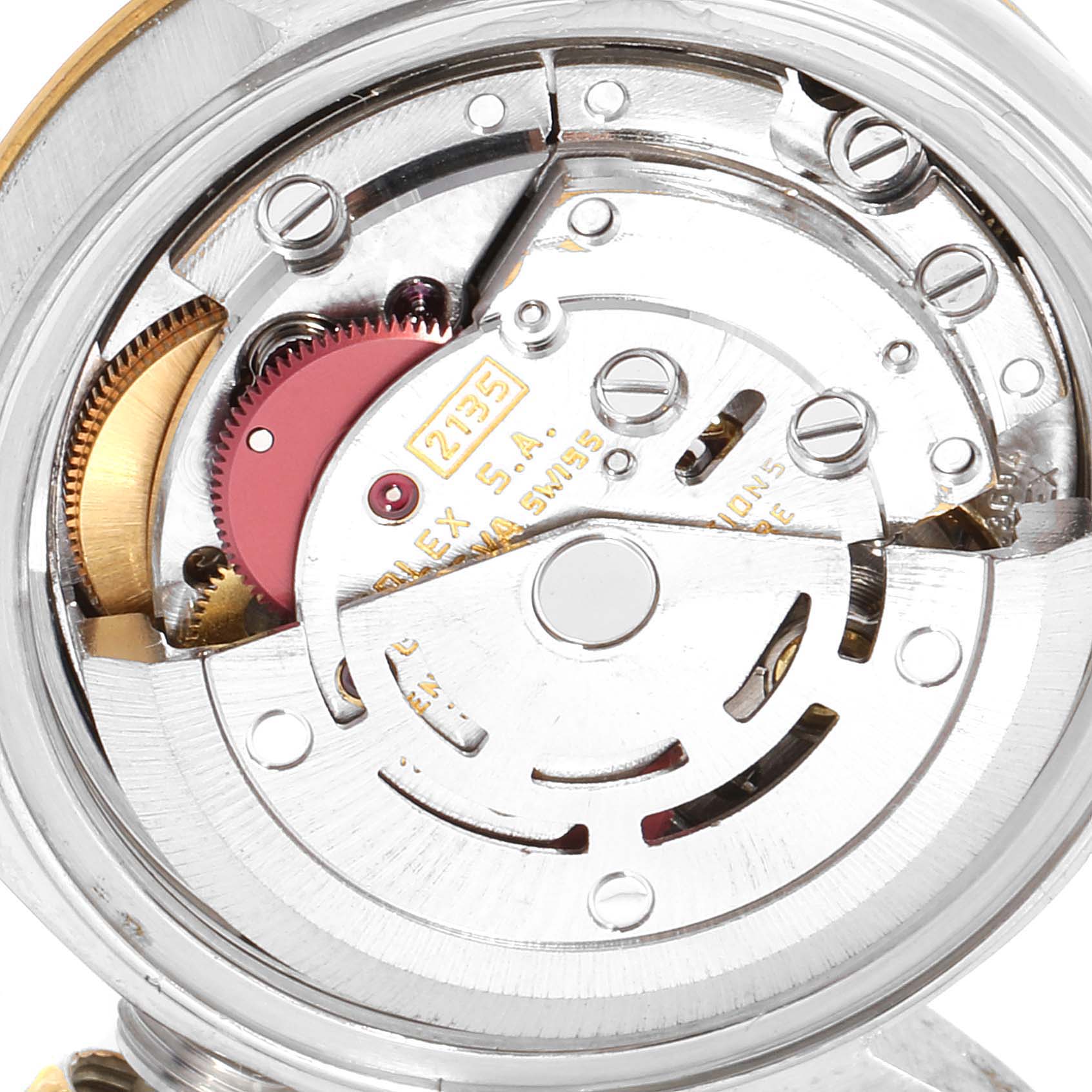 This image shows a close-up of the movement and internal mechanism of a Rolex Datejust 69173 Women
s Steel and Gold (two tone) Silver Dial 69173 Women
s Steel and Gold (two tone) Silver Dial watch.