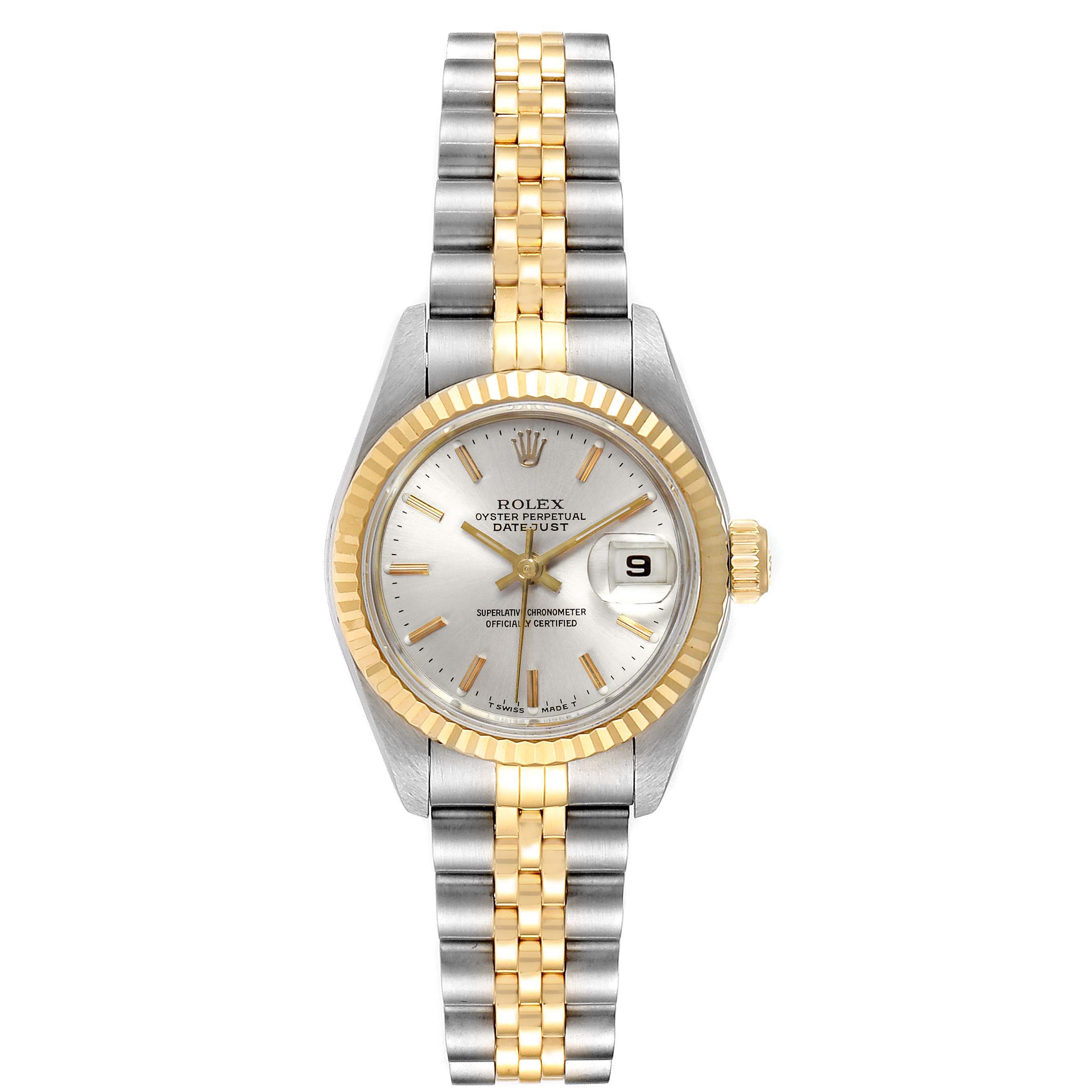 This image shows a front view of the Rolex Datejust 69173 Women
s Steel and Gold (two tone) Silver Dial 69173 Women
s Steel and Gold (two tone) Silver Dial watch, highlighting the dial, bezel, and bracelet.