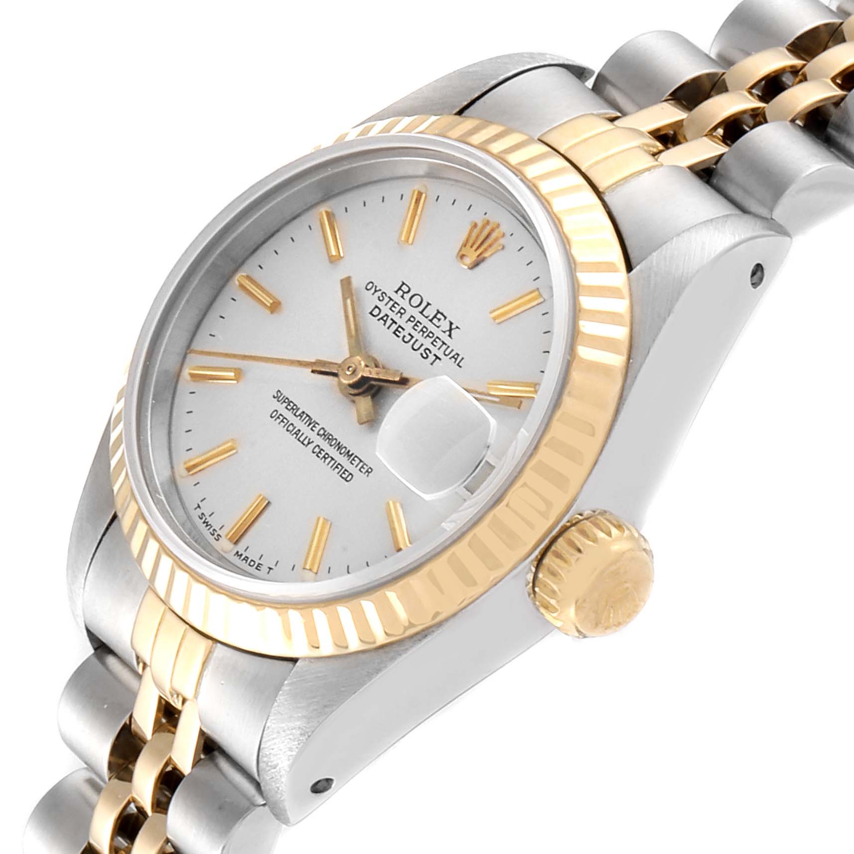 This image shows the Rolex Datejust 69173 Women
s Steel and Gold (two tone) Silver Dial 69173 Women
s Steel and Gold (two tone) Silver Dial watch at an angled side view, highlighting the crown, bezel, and part of the bracelet.