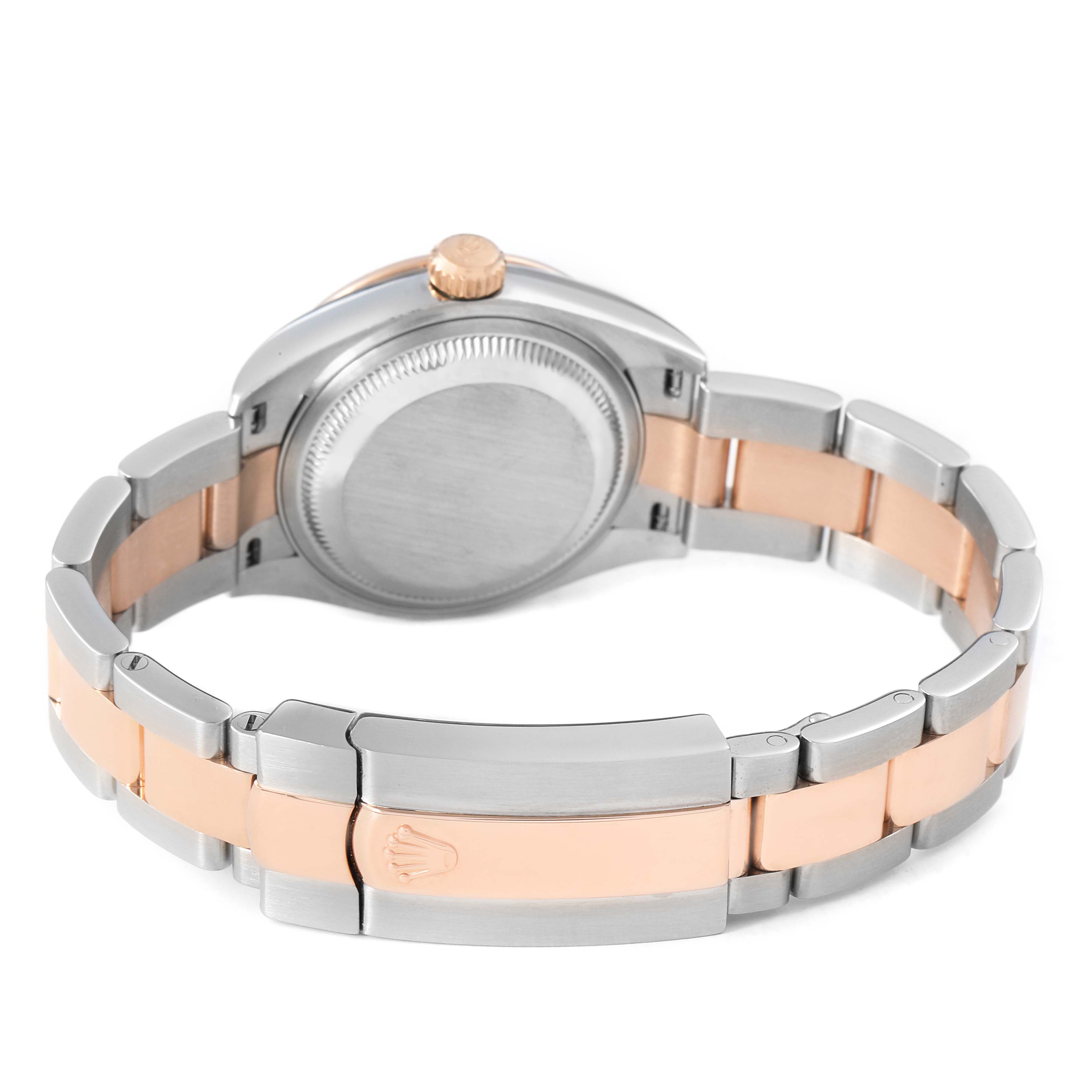 The image shows the back view of a Rolex Datejust 279381 Women's Steel and Gold (two tone) Brown Dial, highlighting the case, crown, and two-tone bracelet.