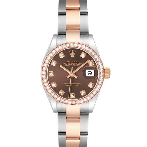 The Rolex Datejust 279381 Women's Steel and Gold (two tone) Brown Dial watch is shown from the front, displaying the dial, two-tone bracelet, diamond hour markers, and date window.