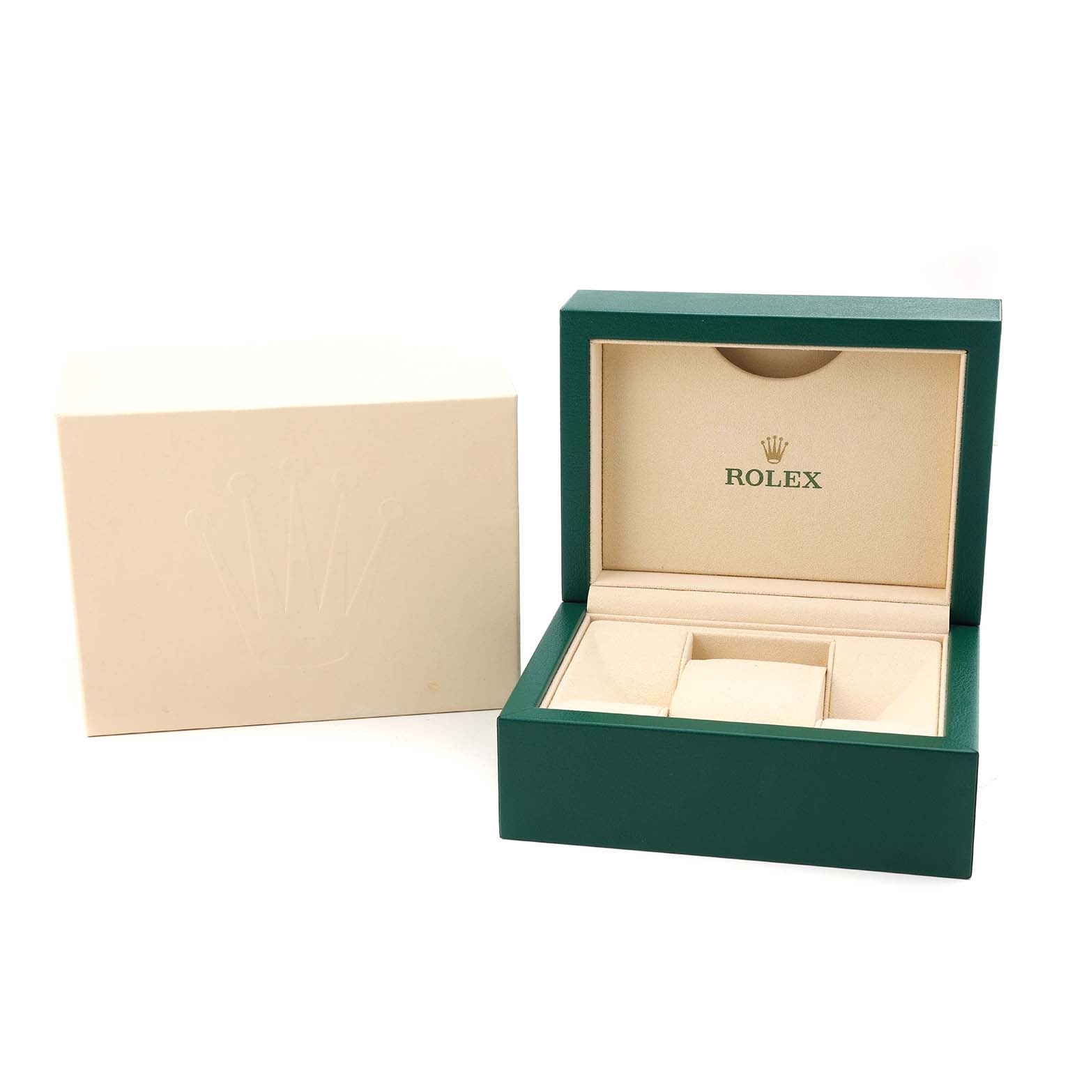 The image shows an open Rolex watch box and outer case for the Datejust model, highlighting its interior compartments.