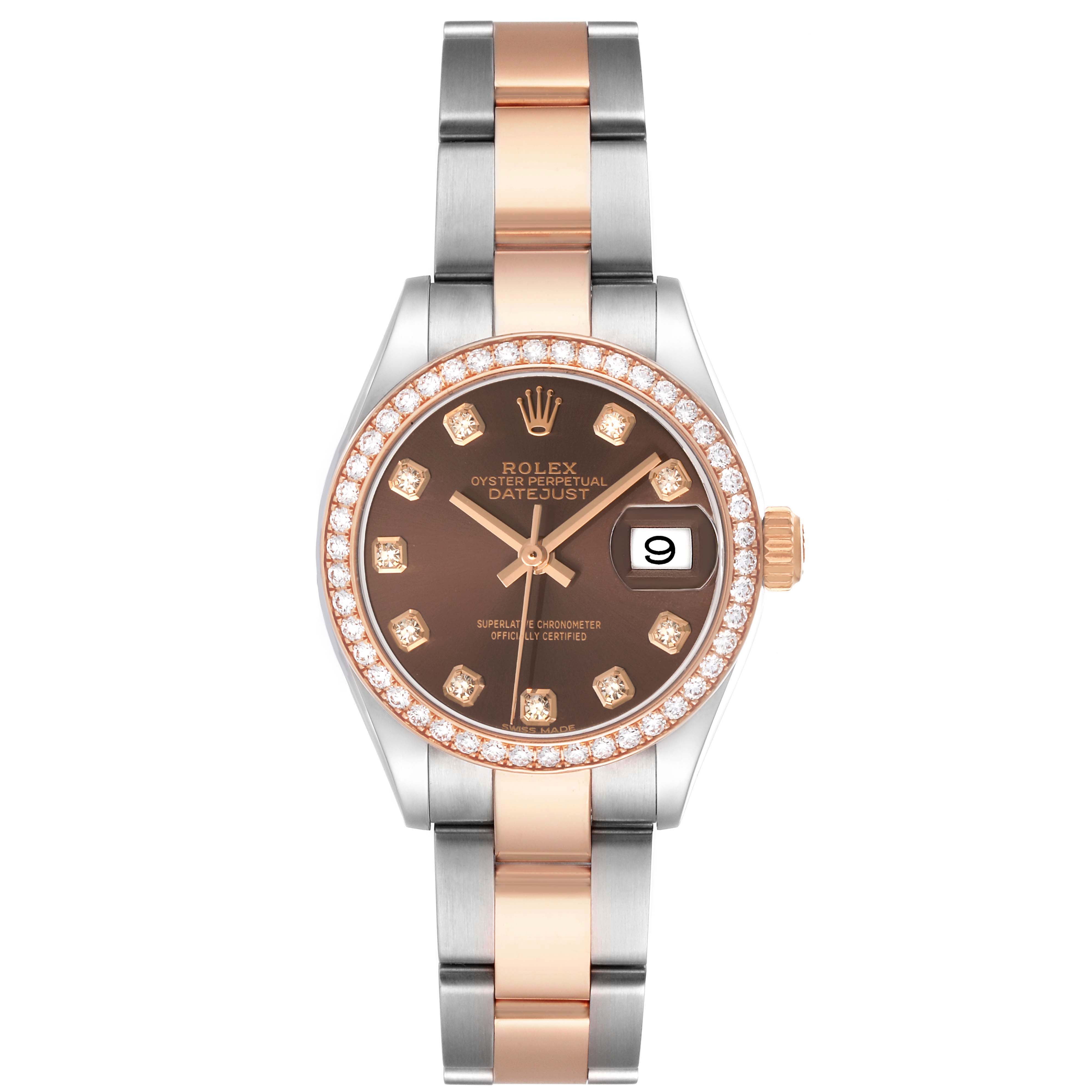 The image shows a front view of a Rolex Datejust 279381 Women's Steel and Gold (two tone) Brown Dial watch with a two-tone bracelet and diamond-set bezel.