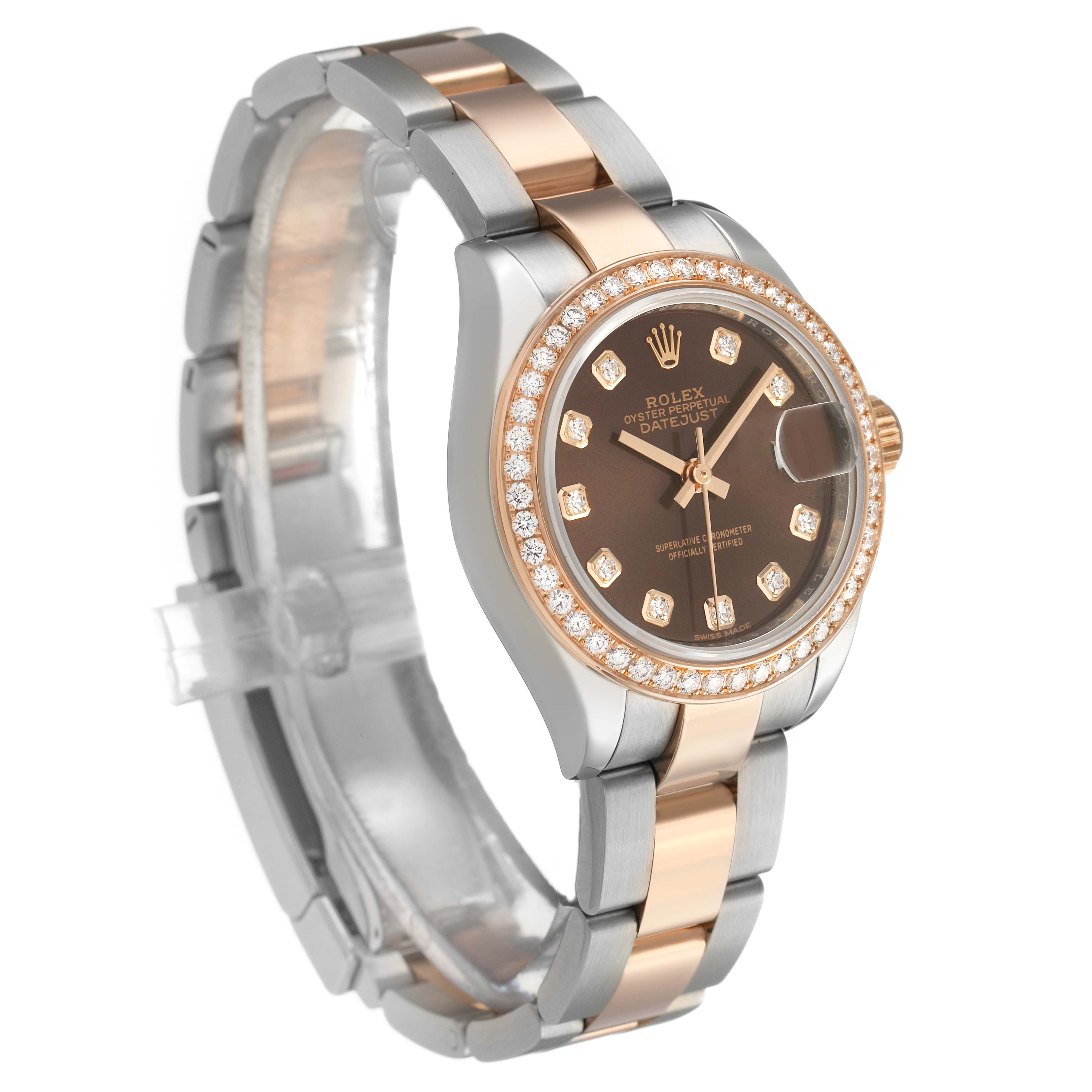 The Rolex Datejust 279381 Women's Steel and Gold (two tone) Brown Dial watch is shown at a three-quarter angle, highlighting the dial, case, bezel, and bracelet.