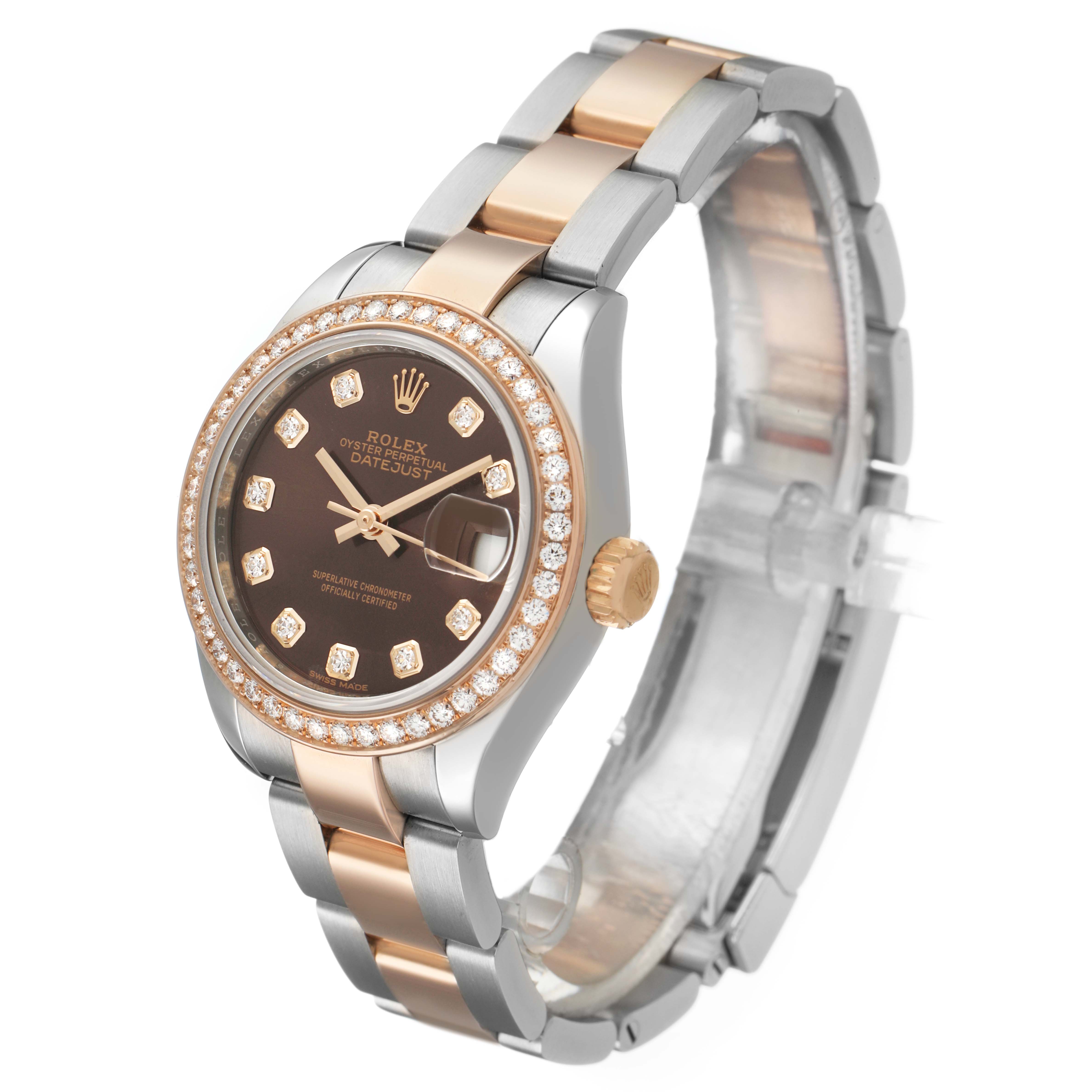 The Rolex Datejust 279381 Women's Steel and Gold (two tone) Brown Dial watch is shown at a slight angle, highlighting the bezel, dial, bracelet, and crown.