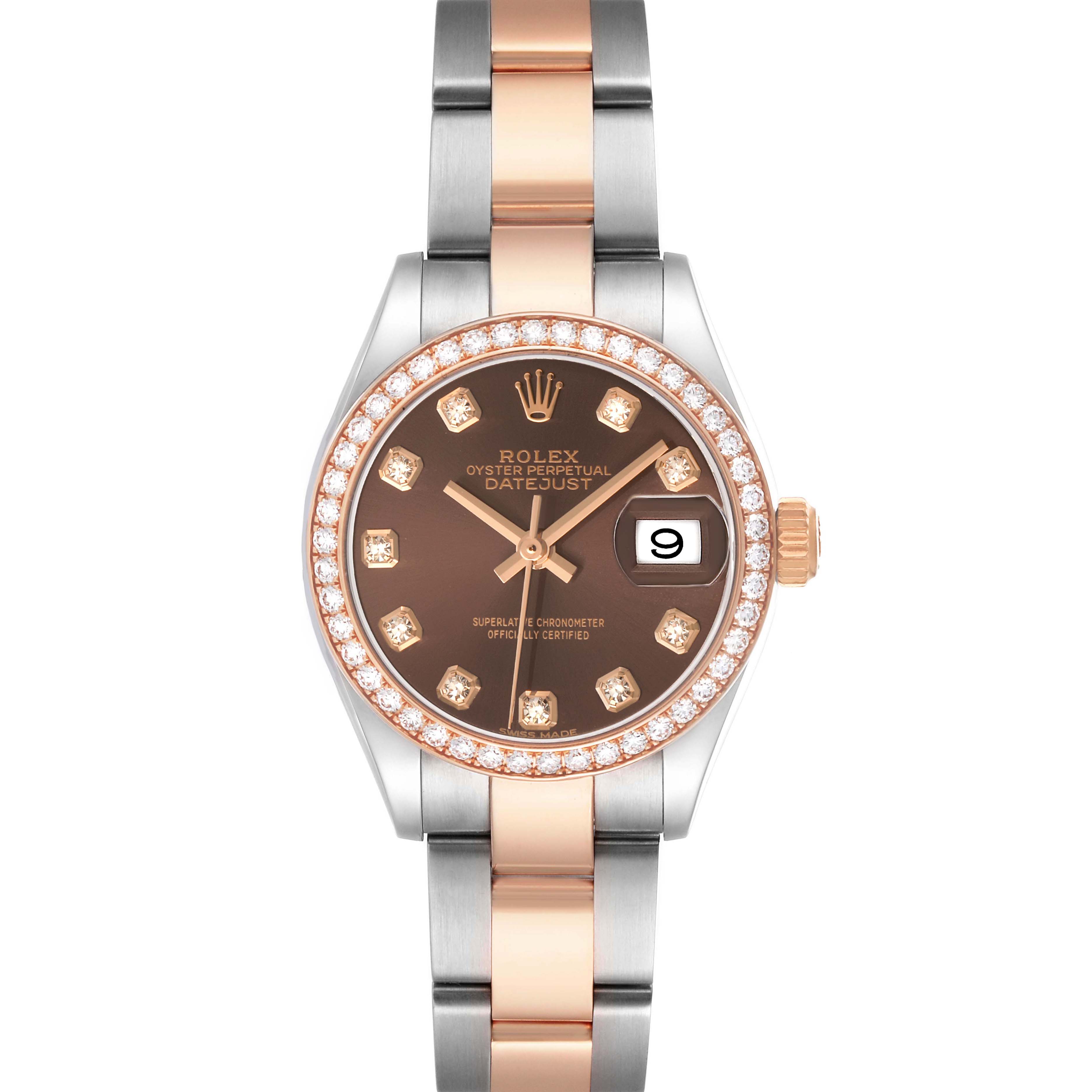 The Rolex Datejust 279381 Women's Steel and Gold (two tone) Brown Dial watch is shown from a front angle, featuring a brown dial, diamond hour markers, and a two-tone bracelet.