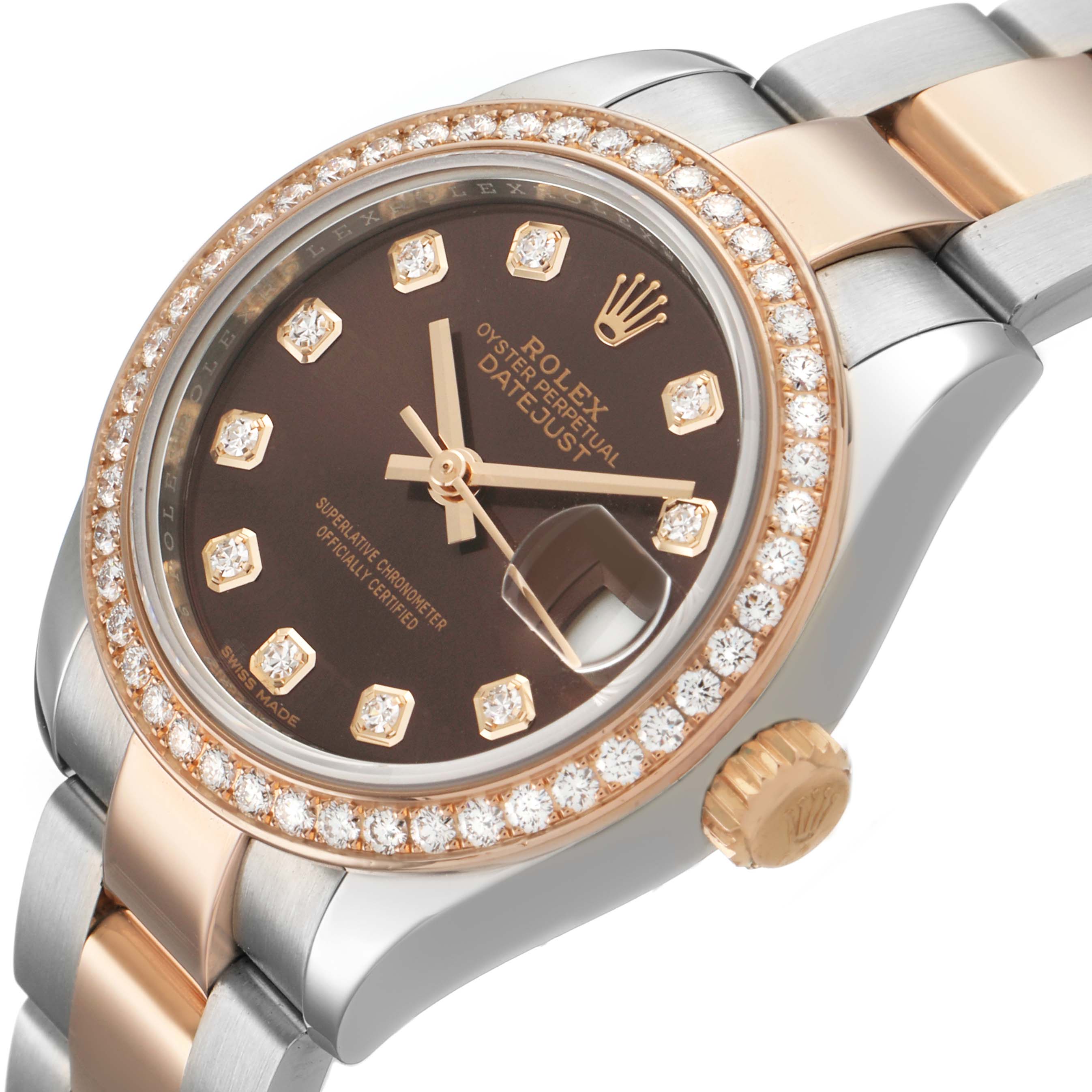 The Rolex Datejust 279381 Women's Steel and Gold (two tone) Brown Dial watch is shown at a three-quarter angle, highlighting the bezel, crown, and dial with diamond hour markers.