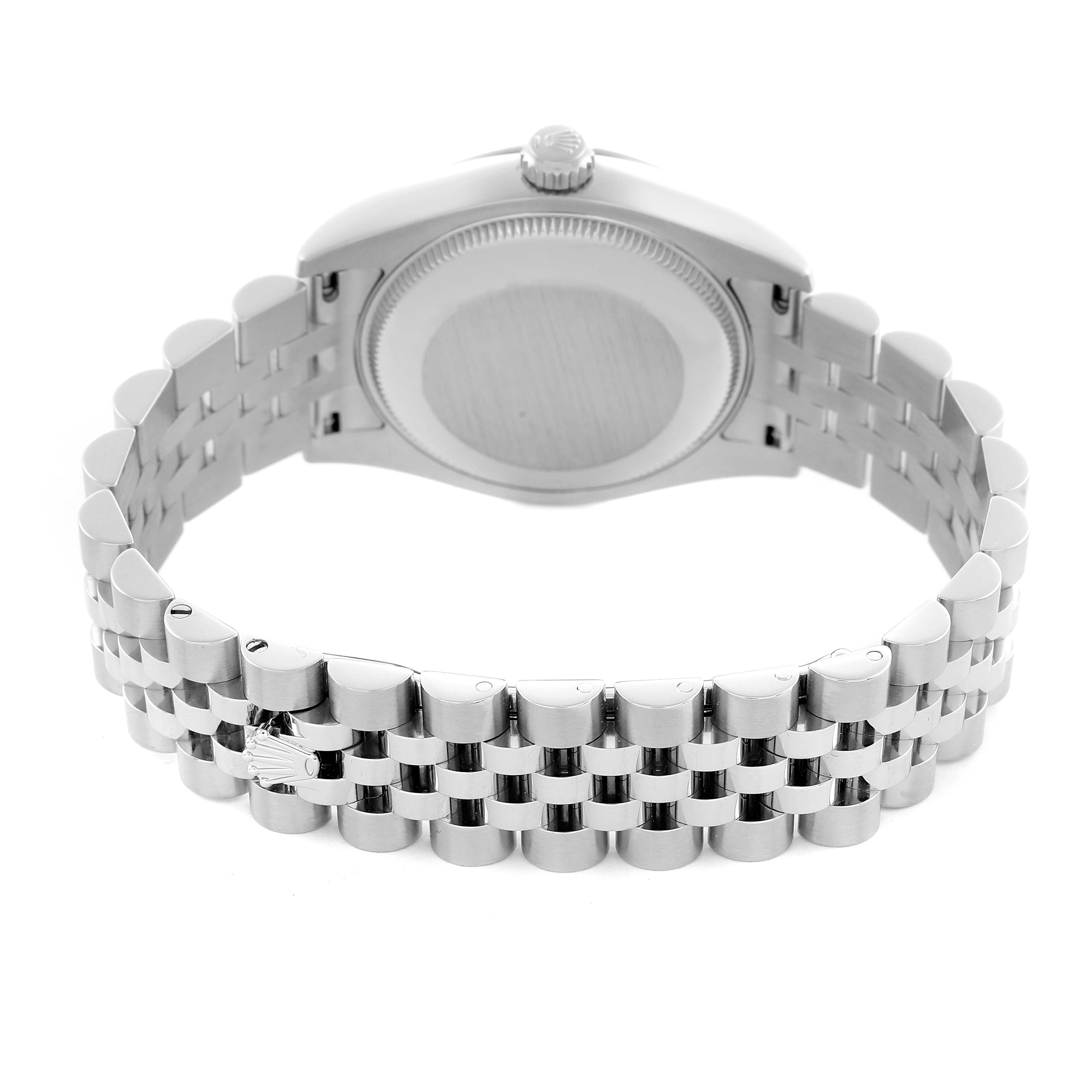 The image shows the back view of a Rolex Datejust, highlighting the case back and bracelet.