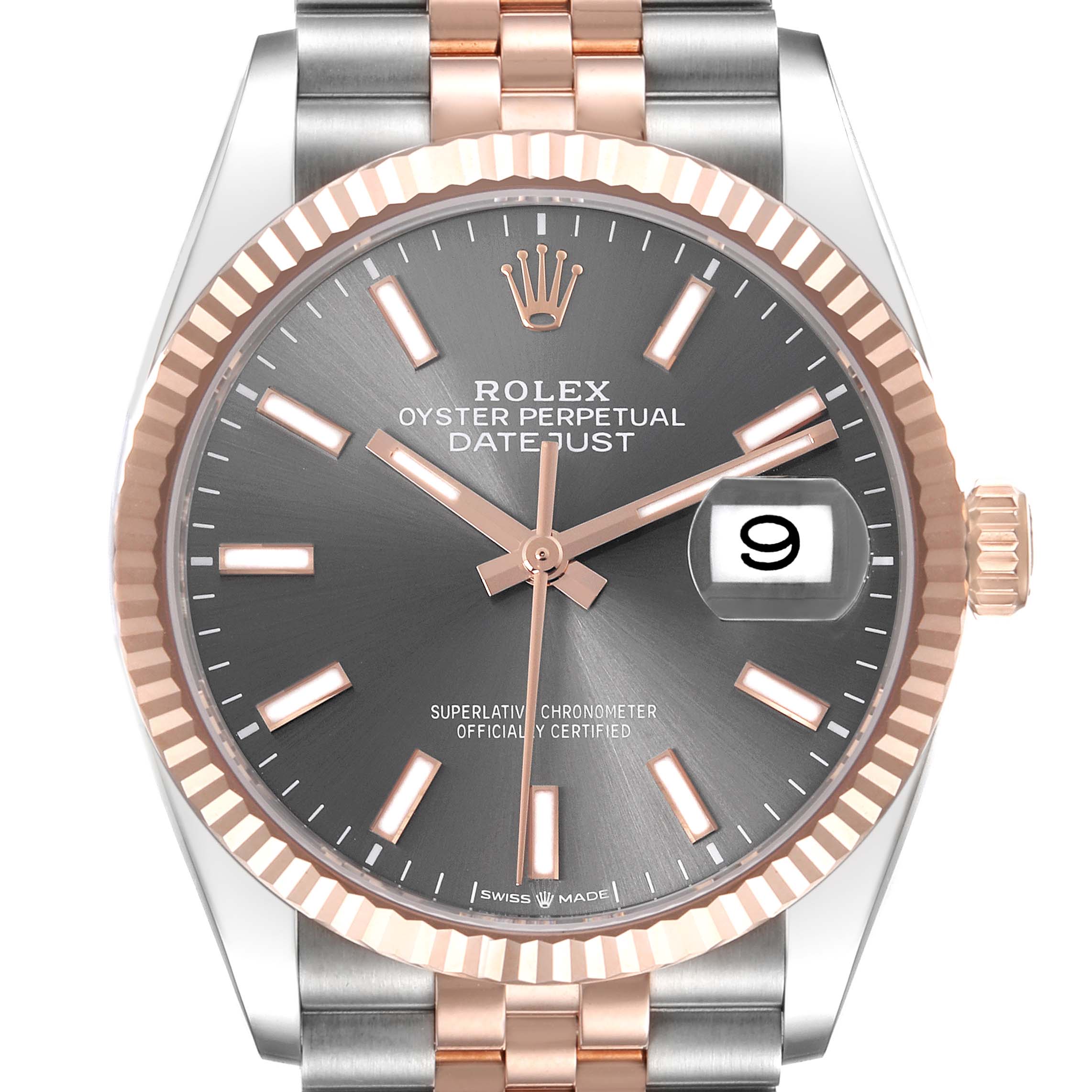 The Rolex Datejust 126231 Men's Steel and Gold (two tone) Grey Dial 126231 Men's Steel and Gold (two tone) Grey Dial watch is shown from a front angle, highlighting the dial, bezel, date window, and part of the bracelet.