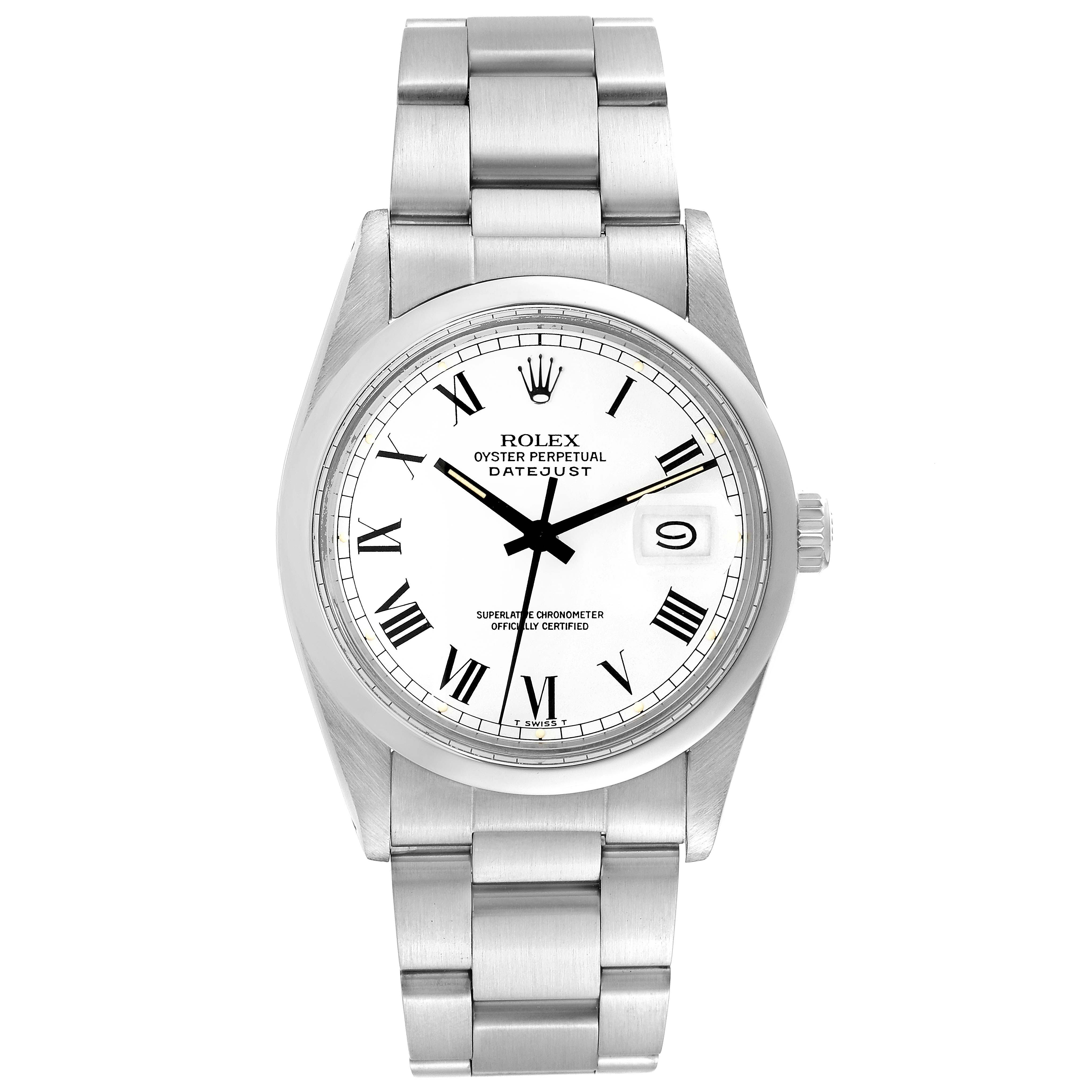 The image shows a front view of a Rolex Datejust 16000 Men's Stainless Steel White Dial 16000 Men's Stainless Steel White Dial, featuring its dial, bezel, crown, and bracelet.