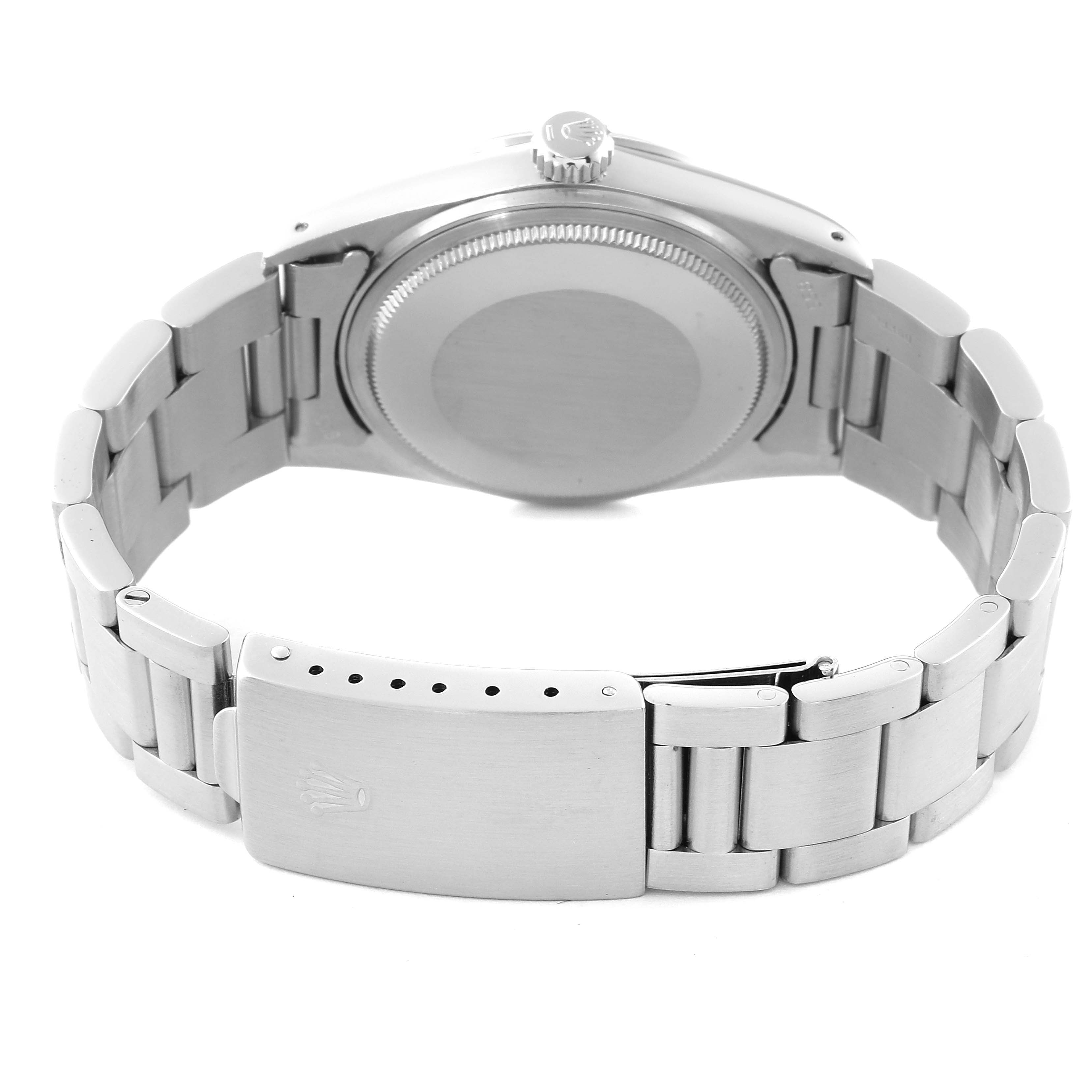 The Rolex Datejust 16000 Men's Stainless Steel White Dial 16000 Men's Stainless Steel White Dial watch is shown from the back, highlighting the clasp, bracelet, and case back.