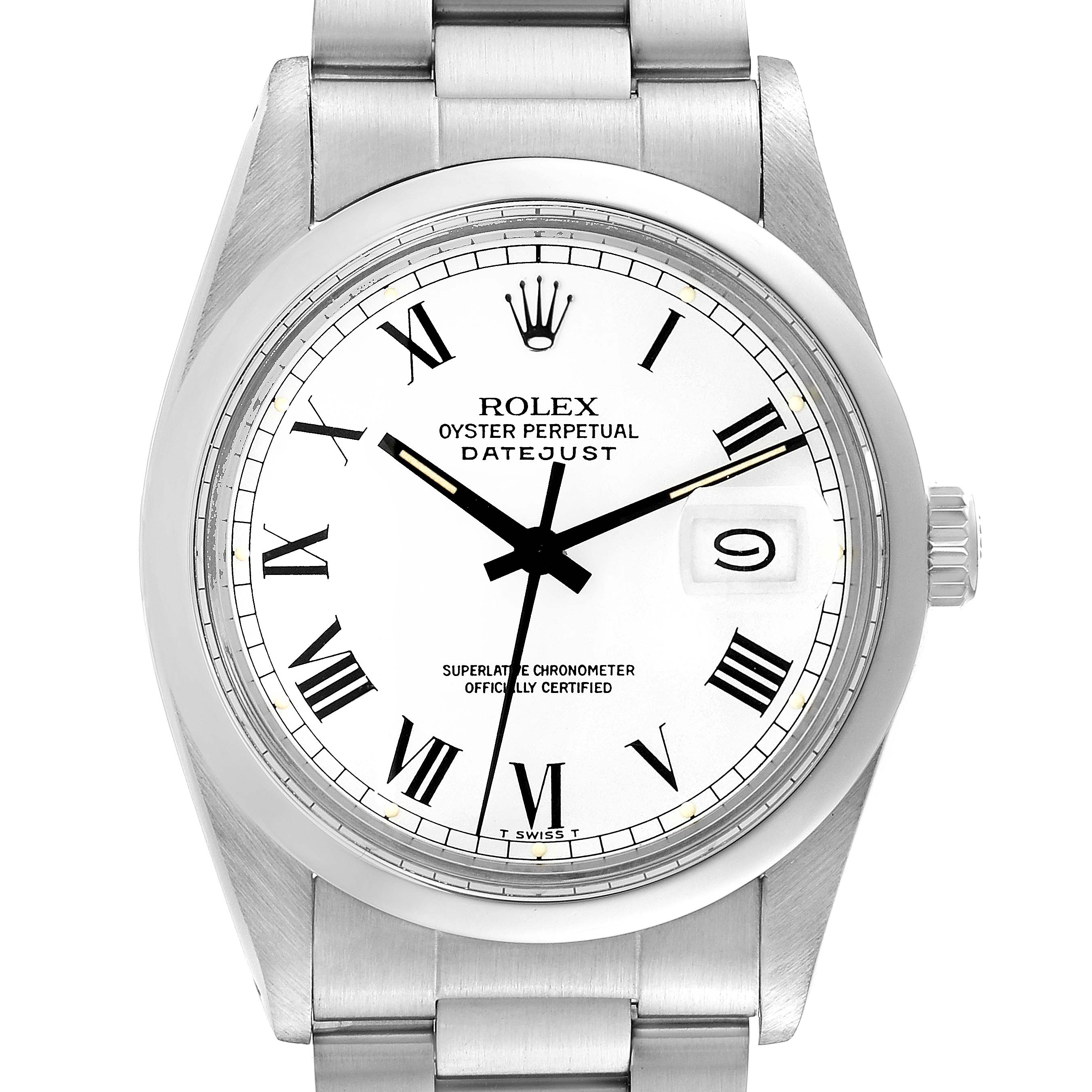 The Rolex Datejust 16000 Men's Stainless Steel White Dial 16000 Men's Stainless Steel White Dial watch is shown from a front view, displaying the face, bezel, case, and part of the bracelet.