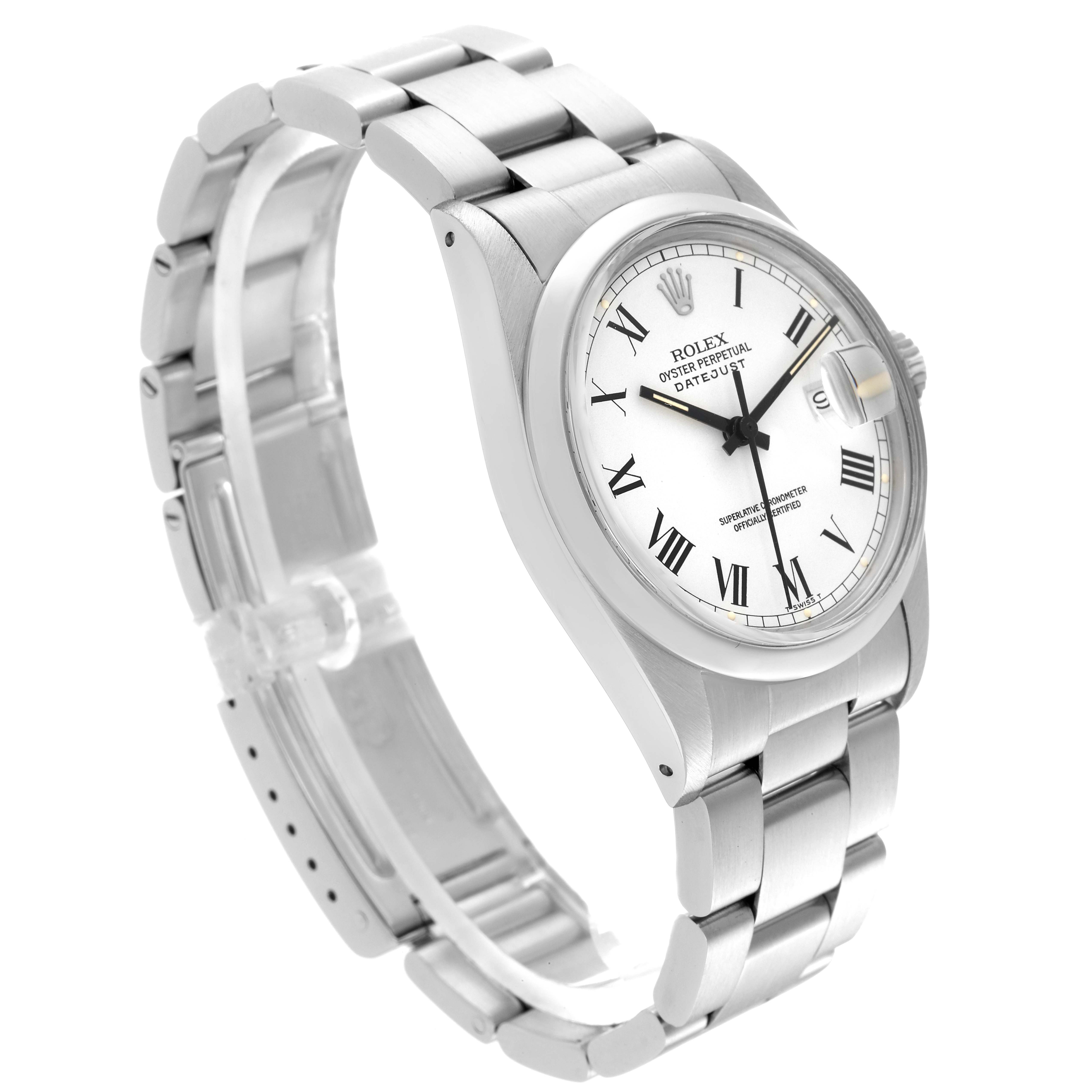 The Rolex Datejust 16000 Men's Stainless Steel White Dial 16000 Men's Stainless Steel White Dial watch is shown at a slightly elevated angle, displaying the face, case, and bracelet.