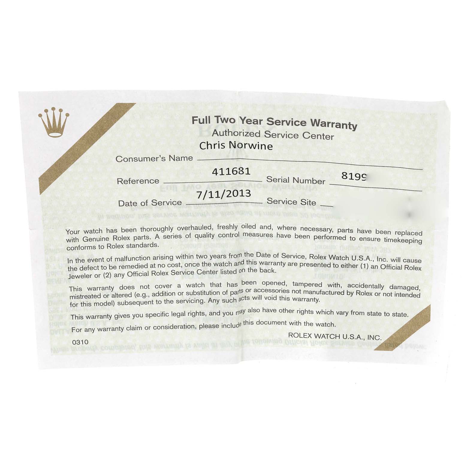 The image shows a service warranty certificate for a Rolex Datejust 16000 Men's Stainless Steel White Dial 16000 Men's Stainless Steel White Dial watch at a direct angle, detailing service information.