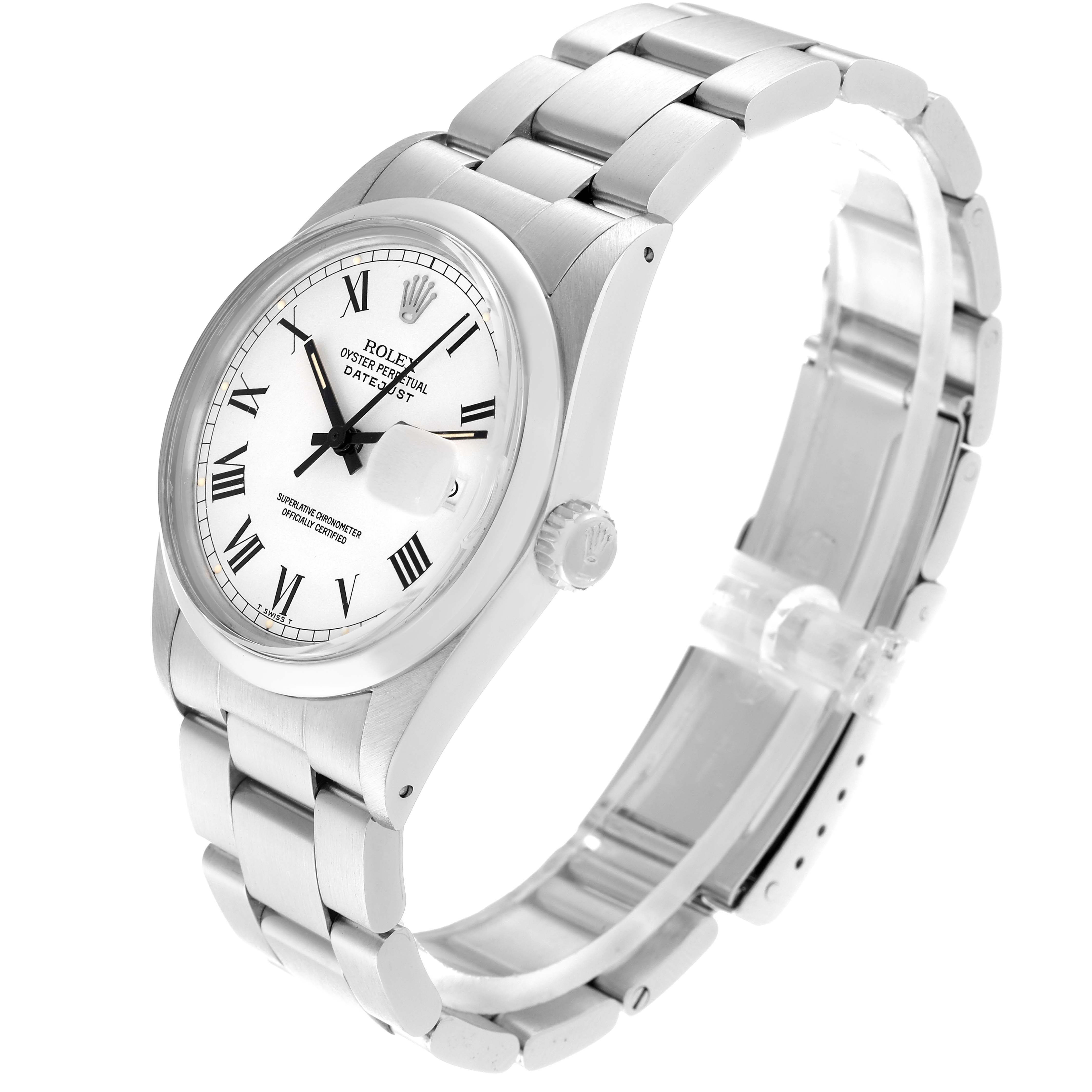 The Rolex Datejust 16000 Men's Stainless Steel White Dial 16000 Men's Stainless Steel White Dial watch is shown at a three-quarter angle, highlighting the face, bezel, crown, and stainless steel bracelet.