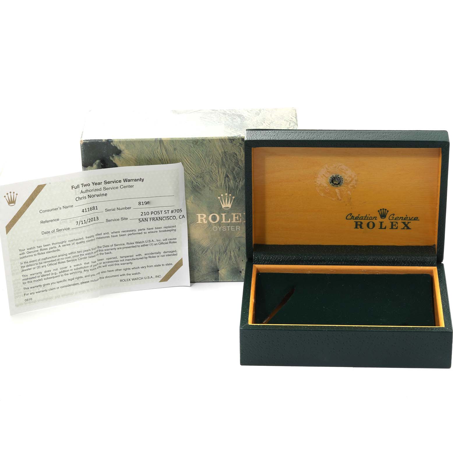 The image shows a Rolex Datejust 16000 Men's Stainless Steel White Dial 16000 Men's Stainless Steel White Dial box and warranty card, photographed from the front with an open lid.