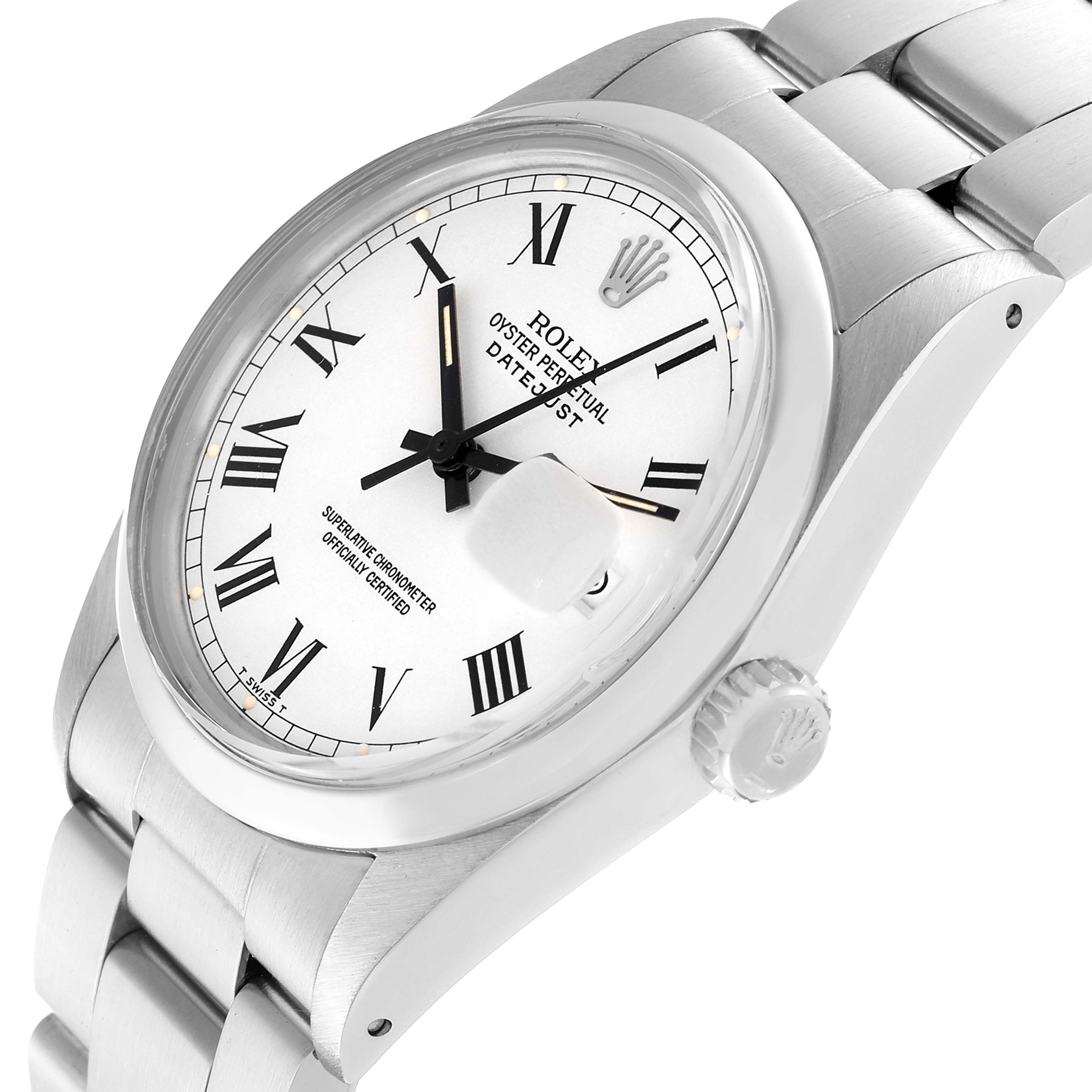 The Rolex Datejust 16000 Men's Stainless Steel White Dial 16000 Men's Stainless Steel White Dial watch is shown at a slight angle, displaying the face, crown, and part of the bracelet.