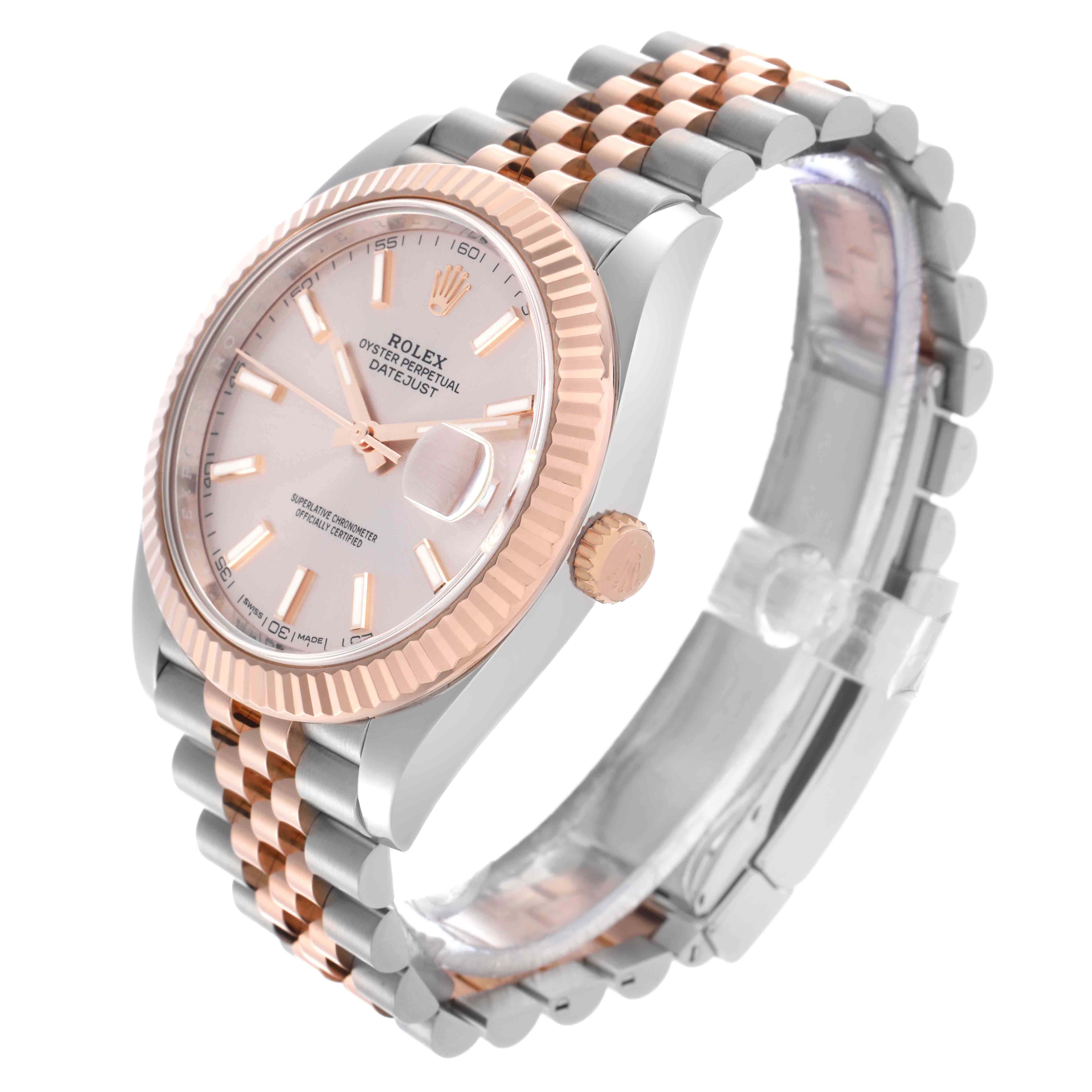 The Rolex Datejust 41 126331 Men
s Steel and Gold (two tone) Pink Dial 126331 Men
s Steel and Gold (two tone) Pink Dial watch is shown at a three-quarter angle, displaying the face, bezel, crown, and bracelet clearly.