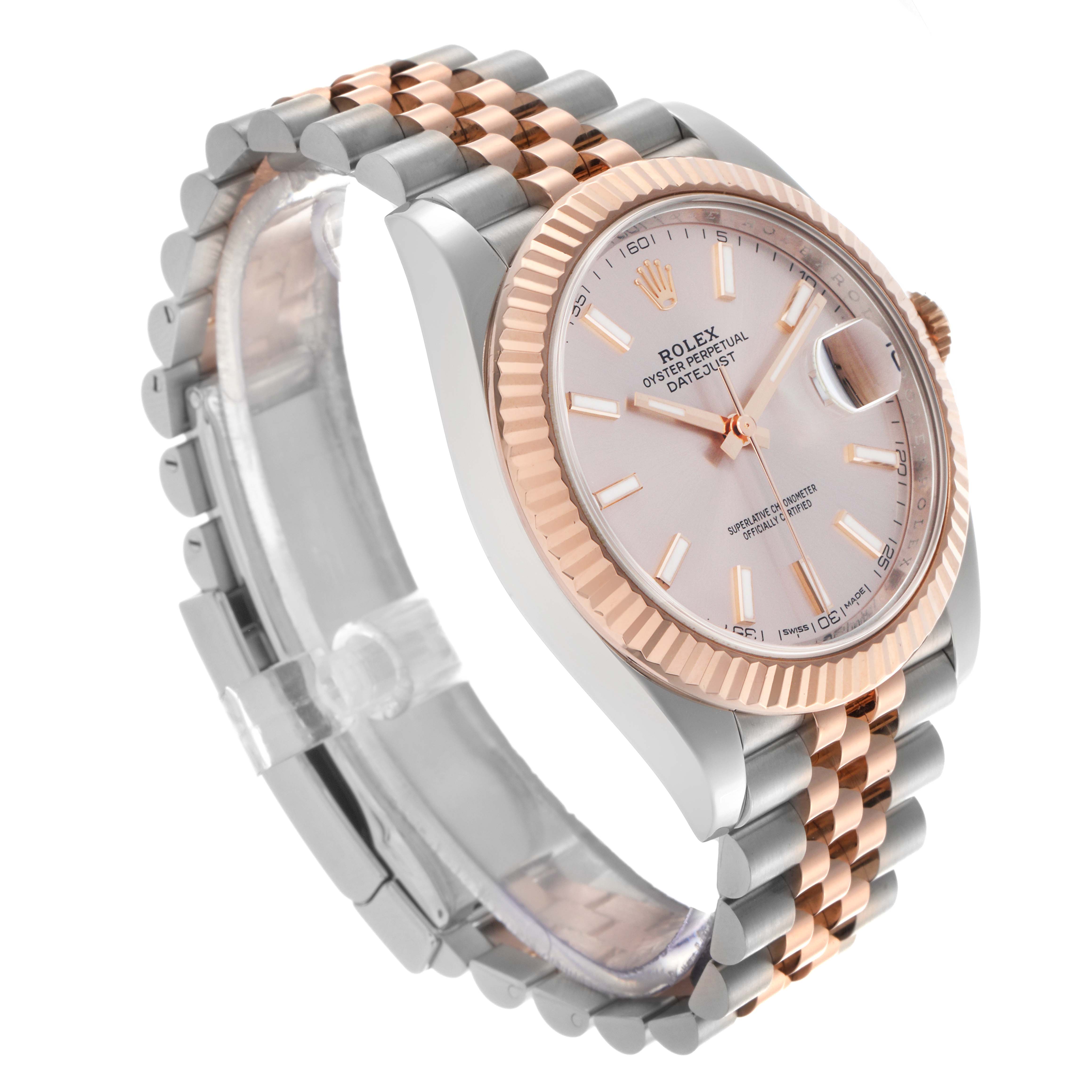 The Rolex Datejust 41 126331 Men
s Steel and Gold (two tone) Pink Dial 126331 Men
s Steel and Gold (two tone) Pink Dial is shown at a three-quarter angle, highlighting the fluted bezel, dial, and two-tone bracelet.
