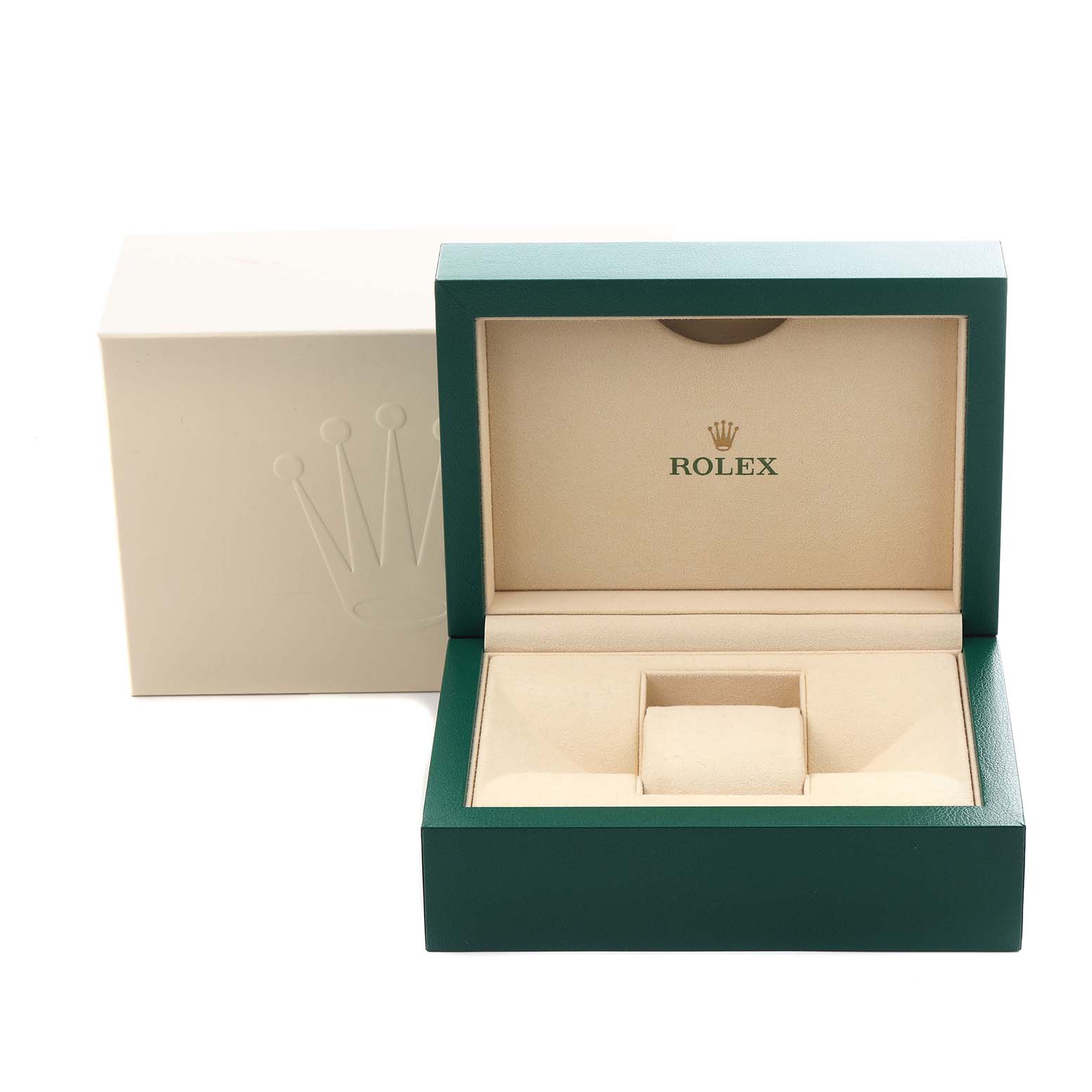 The image shows the opened display box for a Rolex Datejust 41 126331 Men
s Steel and Gold (two tone) Pink Dial 126331 Men
s Steel and Gold (two tone) Pink Dial, highlighting its green exterior and beige interior.