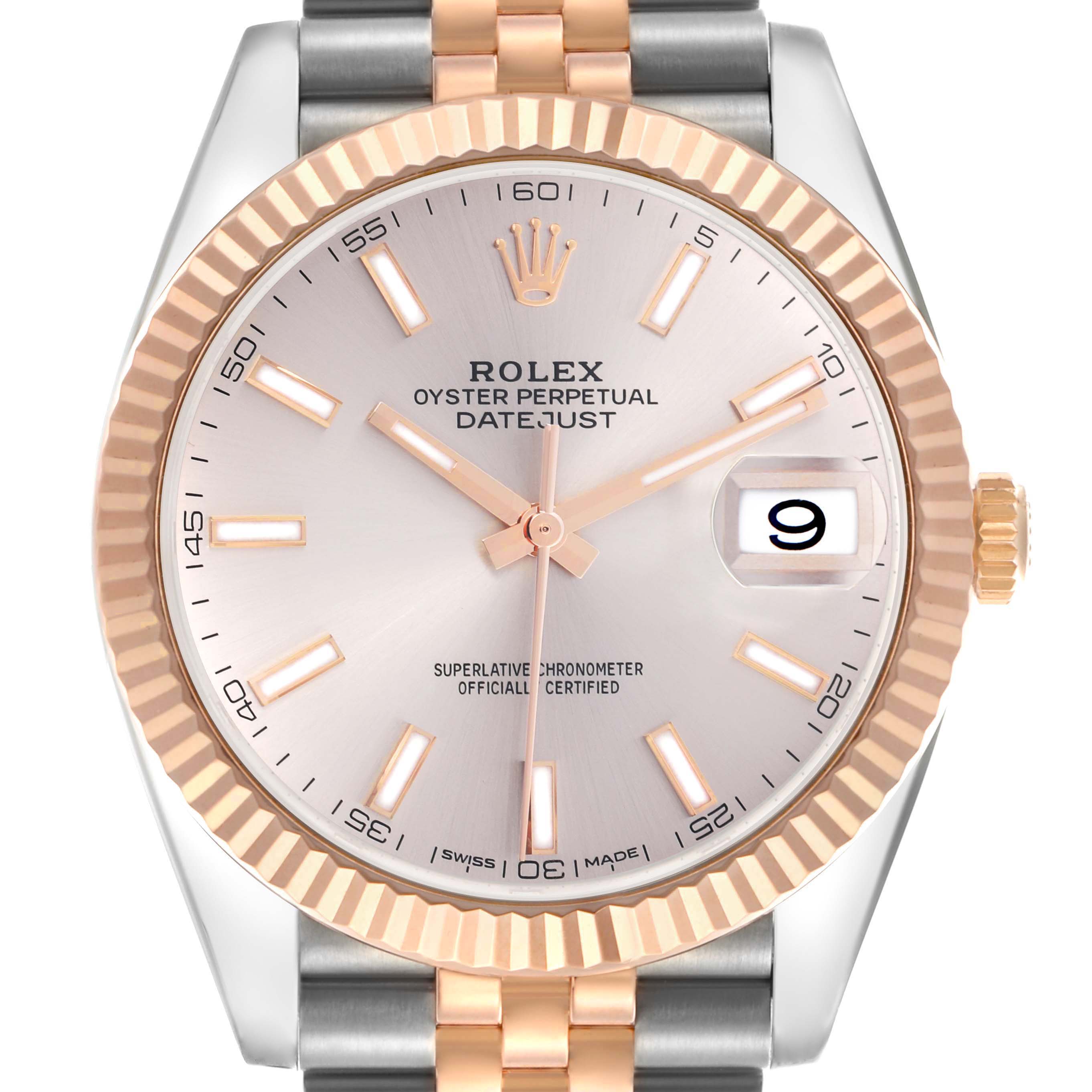The image shows a frontal view of the Rolex Datejust 41 126331 Men
s Steel and Gold (two tone) Pink Dial 126331 Men
s Steel and Gold (two tone) Pink Dial, highlighting its dial, bezel, bracelet, and crown.