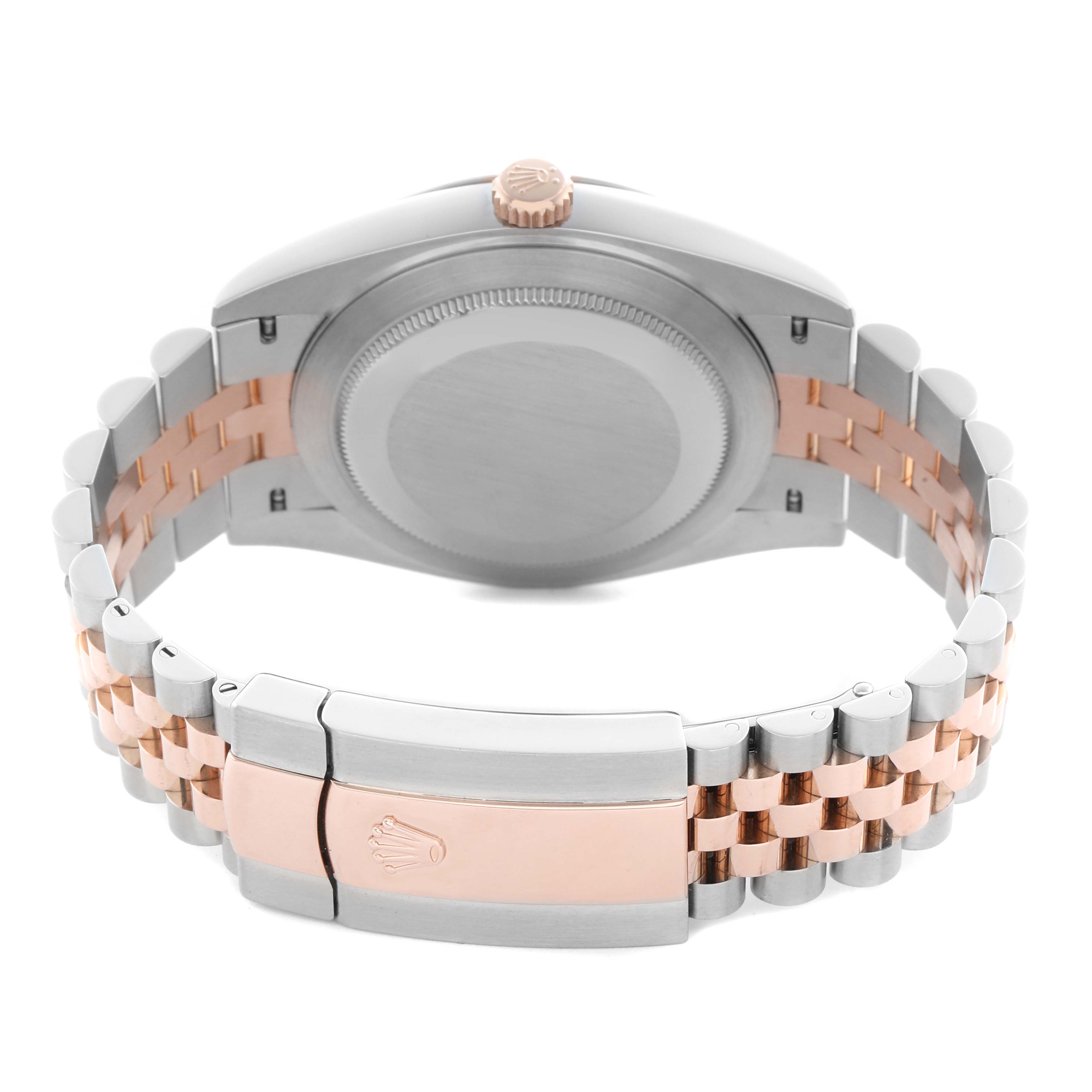 The image shows the Rolex Datejust 41 126331 Men
s Steel and Gold (two tone) Pink Dial 126331 Men
s Steel and Gold (two tone) Pink Dial from the back, highlighting its case, bracelet, clasp, and crown.