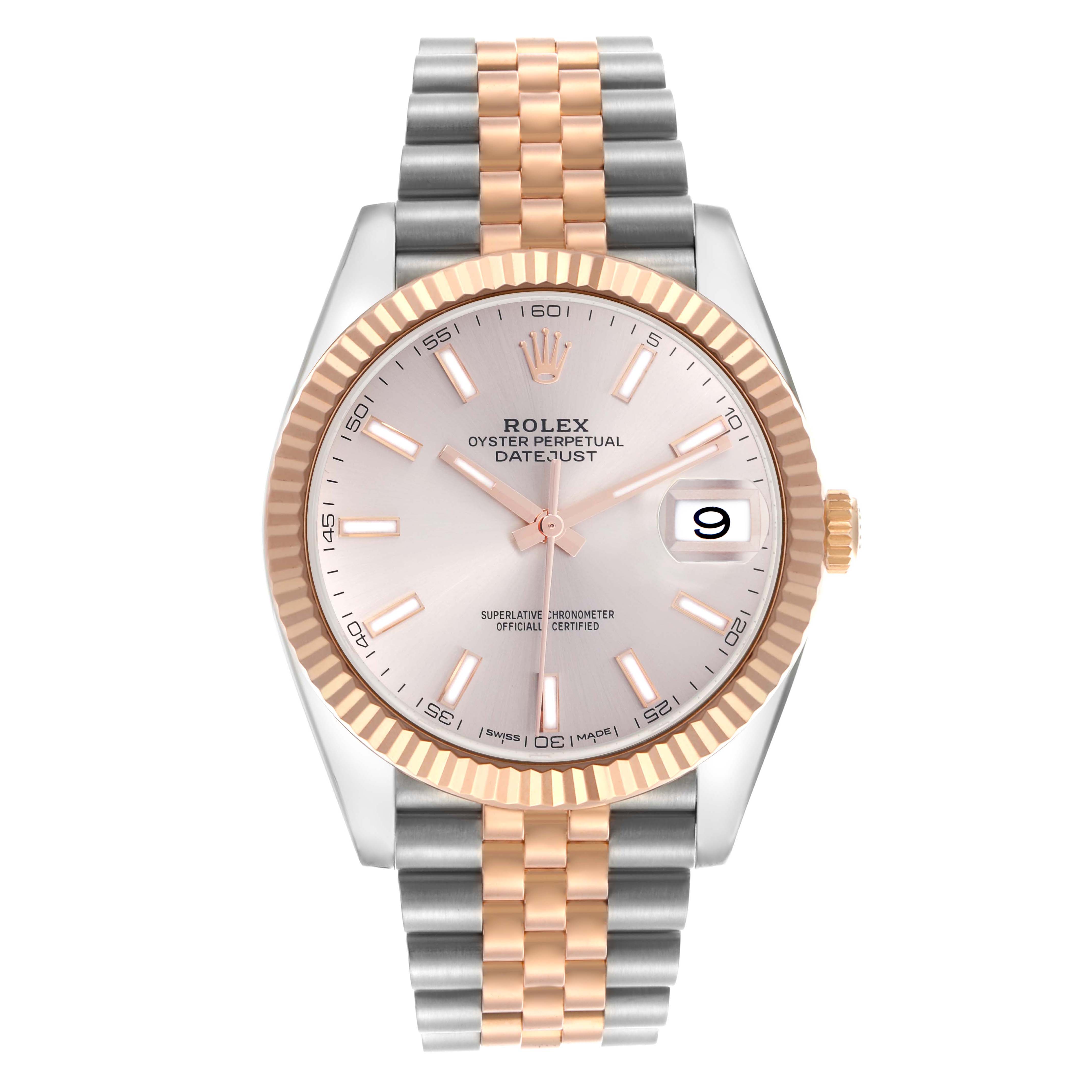 The Rolex Datejust 41 126331 Men
s Steel and Gold (two tone) Pink Dial 126331 Men
s Steel and Gold (two tone) Pink Dial watch is shown from a front view, highlighting its dial, fluted bezel, crown, and Jubilee bracelet.