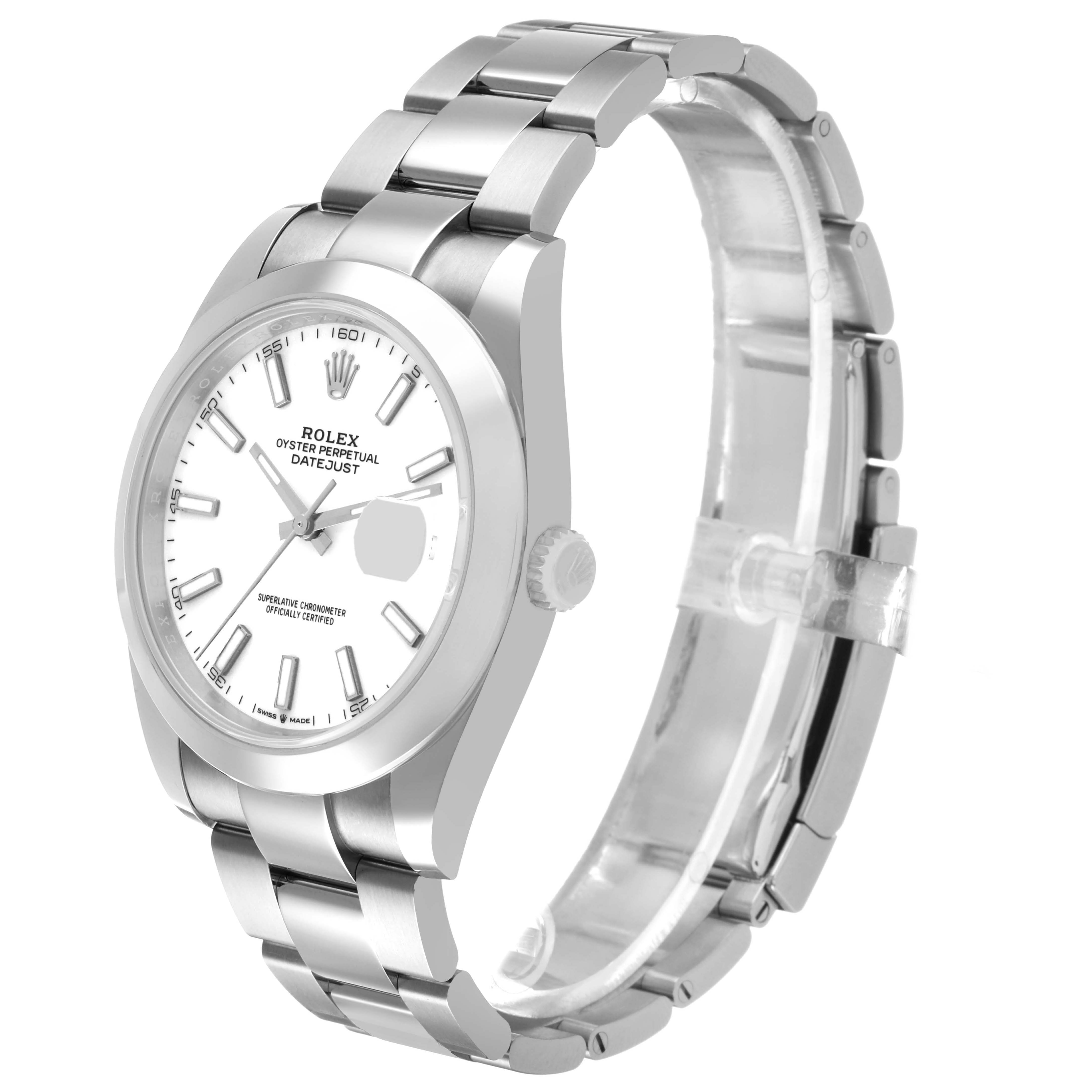 The Rolex Datejust 41 126300 Men's Stainless Steel White Dial watch is shown at a slight angle, highlighting the dial, bezel, and part of the bracelet.