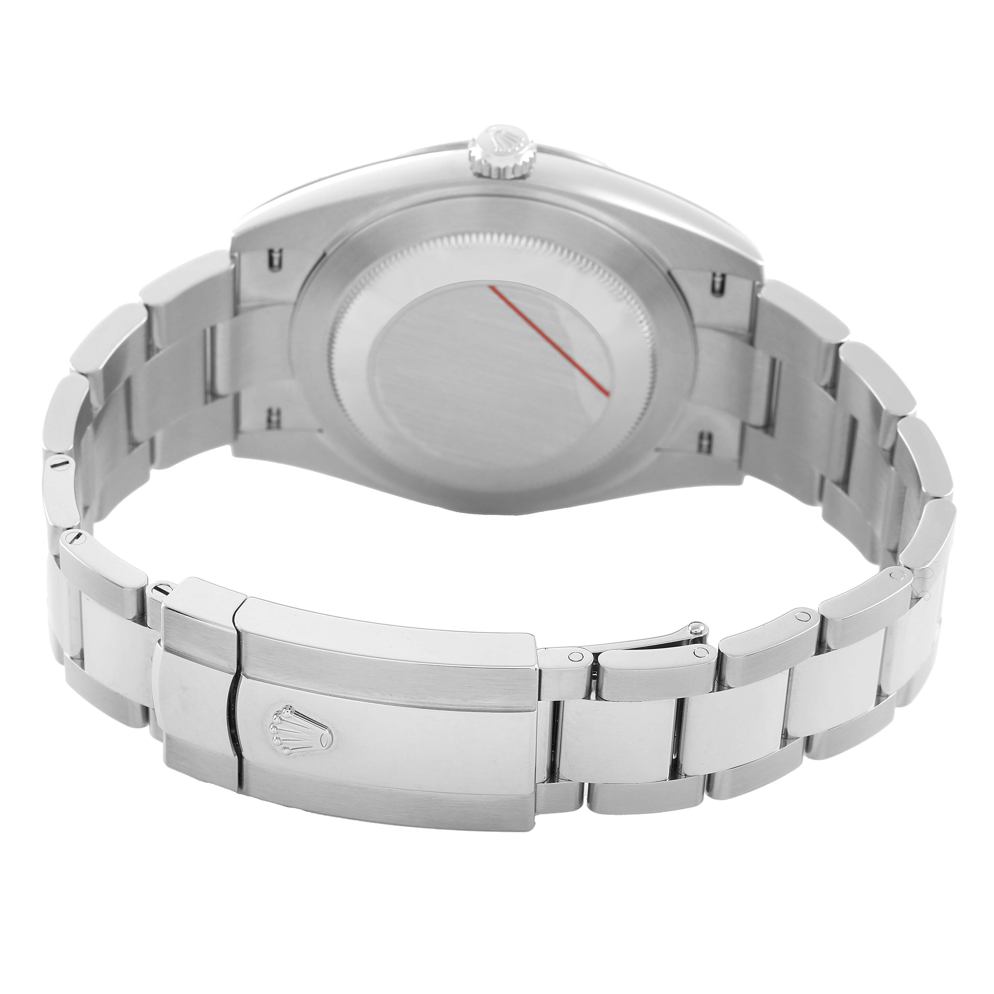 The image shows the back and clasp of a Rolex Datejust 41 126300 Men's Stainless Steel White Dial, focusing on the bracelet and case back.