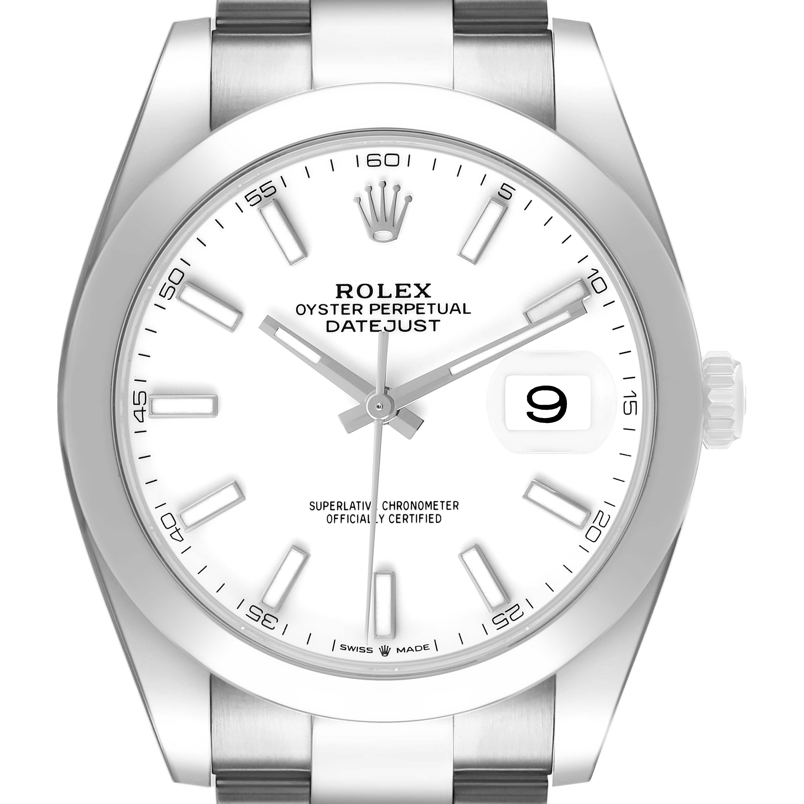 The Rolex Datejust 41 126300 Men's Stainless Steel White Dial is shown from the front, highlighting its dial, hands, date window, and part of the bracelet.