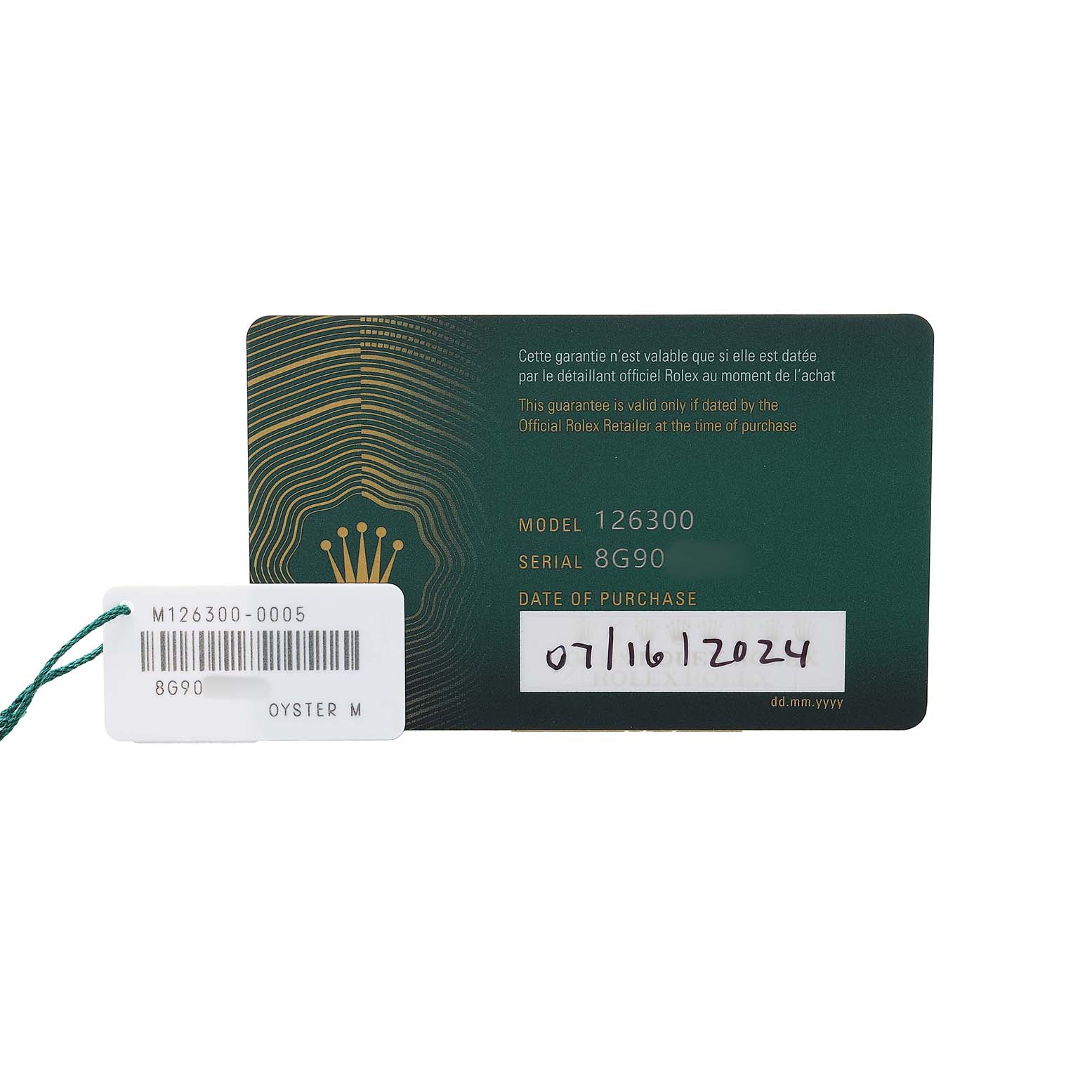 The image shows the warranty card and tag for a Rolex Datejust 41 126300 Men's Stainless Steel White Dial model 126300, displaying model, serial number, and purchase date.