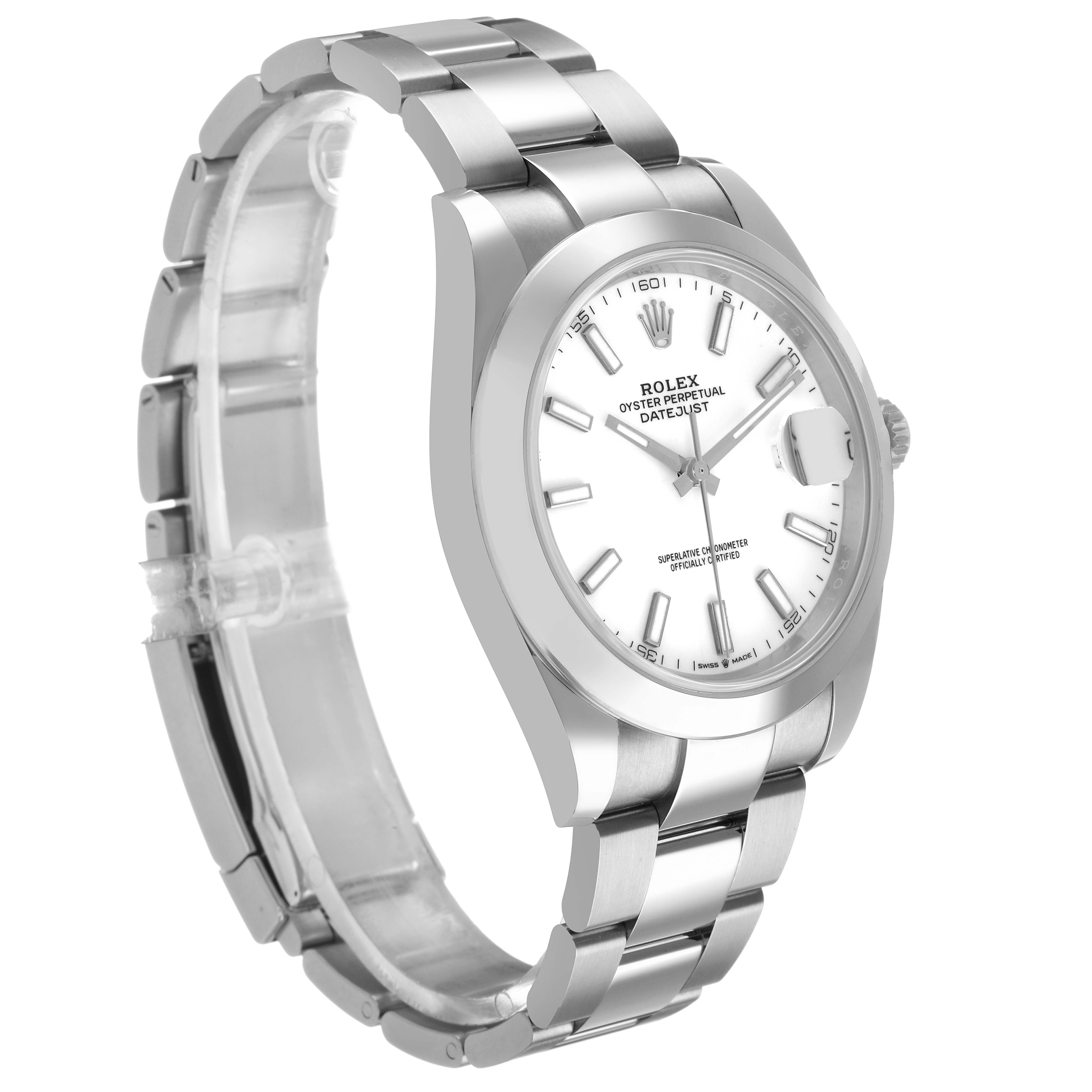 The image shows a side and front angle of the Rolex Datejust 41 126300 Men's Stainless Steel White Dial, highlighting the dial, case, bracelet, and crown.