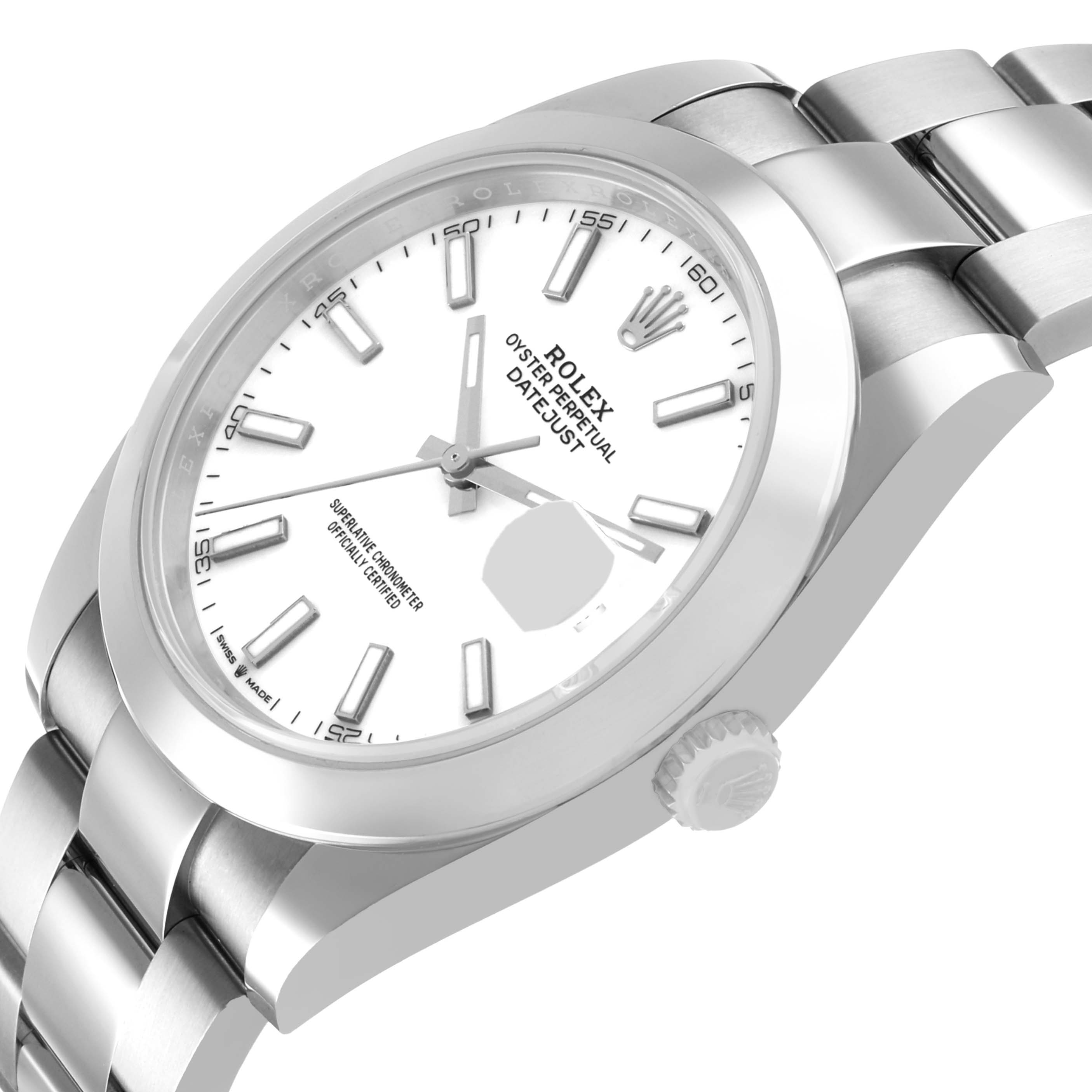 The Rolex Datejust 41 126300 Men's Stainless Steel White Dial is shown from a side angle, highlighting the dial, bezel, and part of the bracelet.