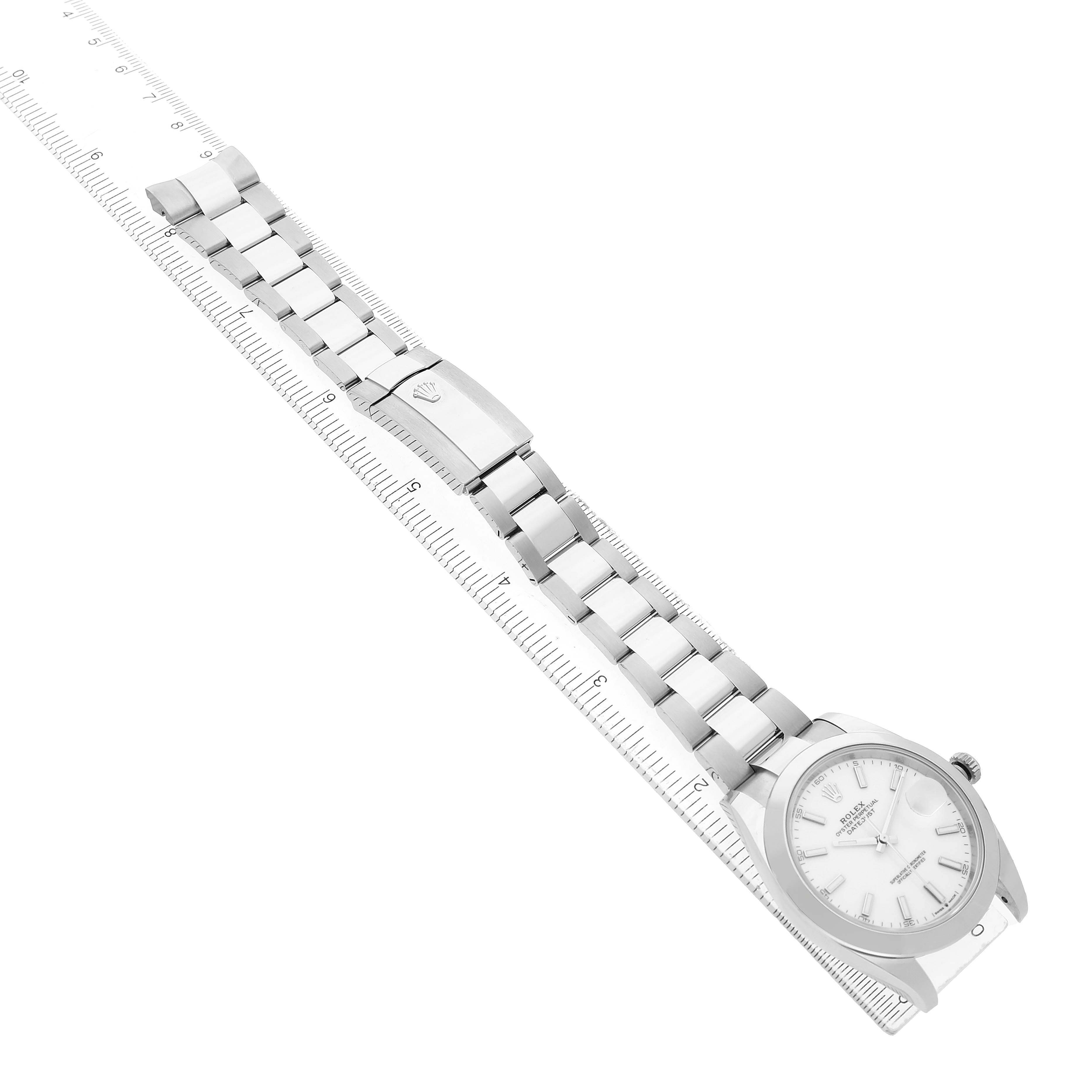 The Rolex Datejust 41 126300 Men's Stainless Steel White Dial is shown from an elevated side angle, displaying the watch face, bracelet, and clasp.