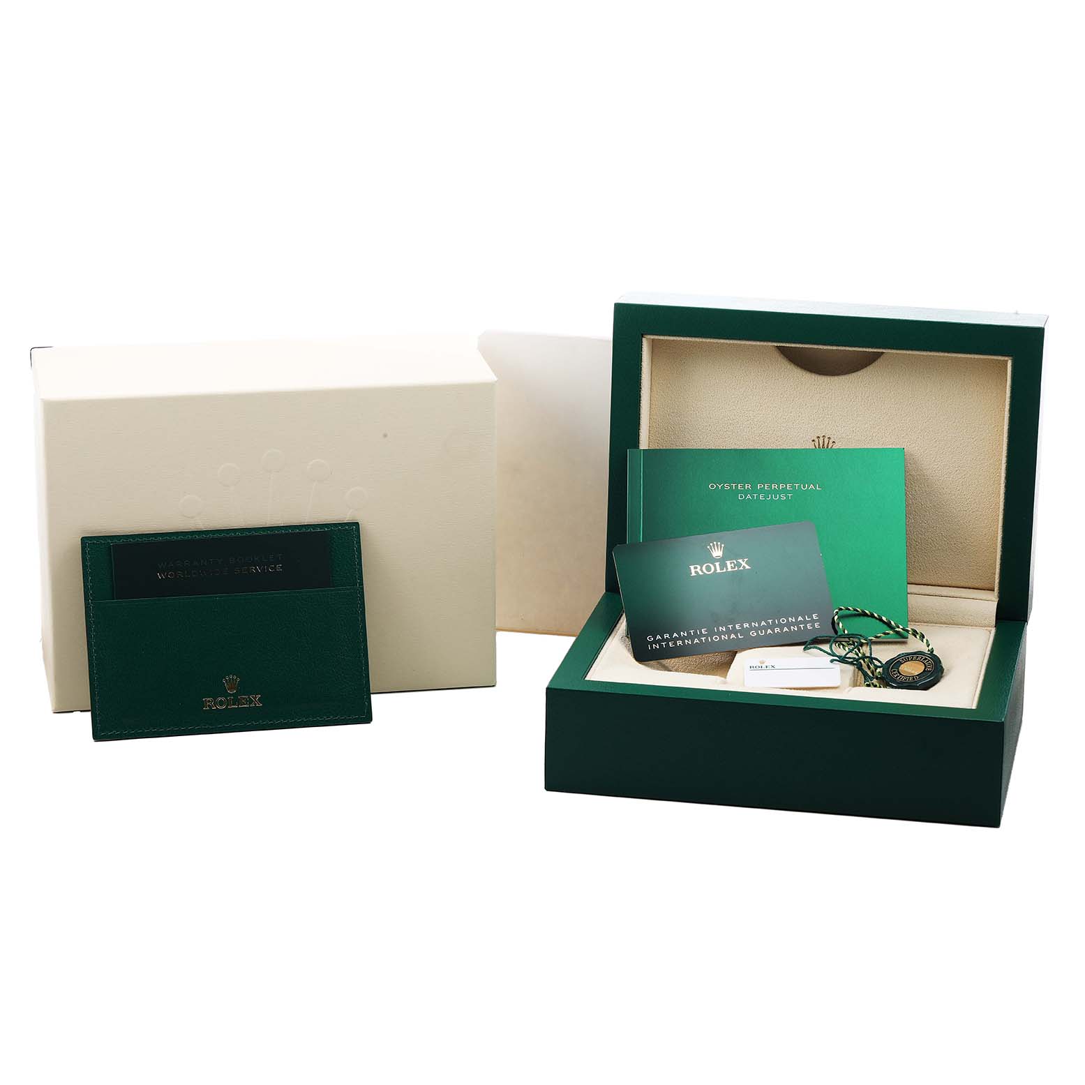 The image shows a Rolex Datejust 41 126300 Men's Stainless Steel White Dial box set, with packaging, manuals, and accessories.