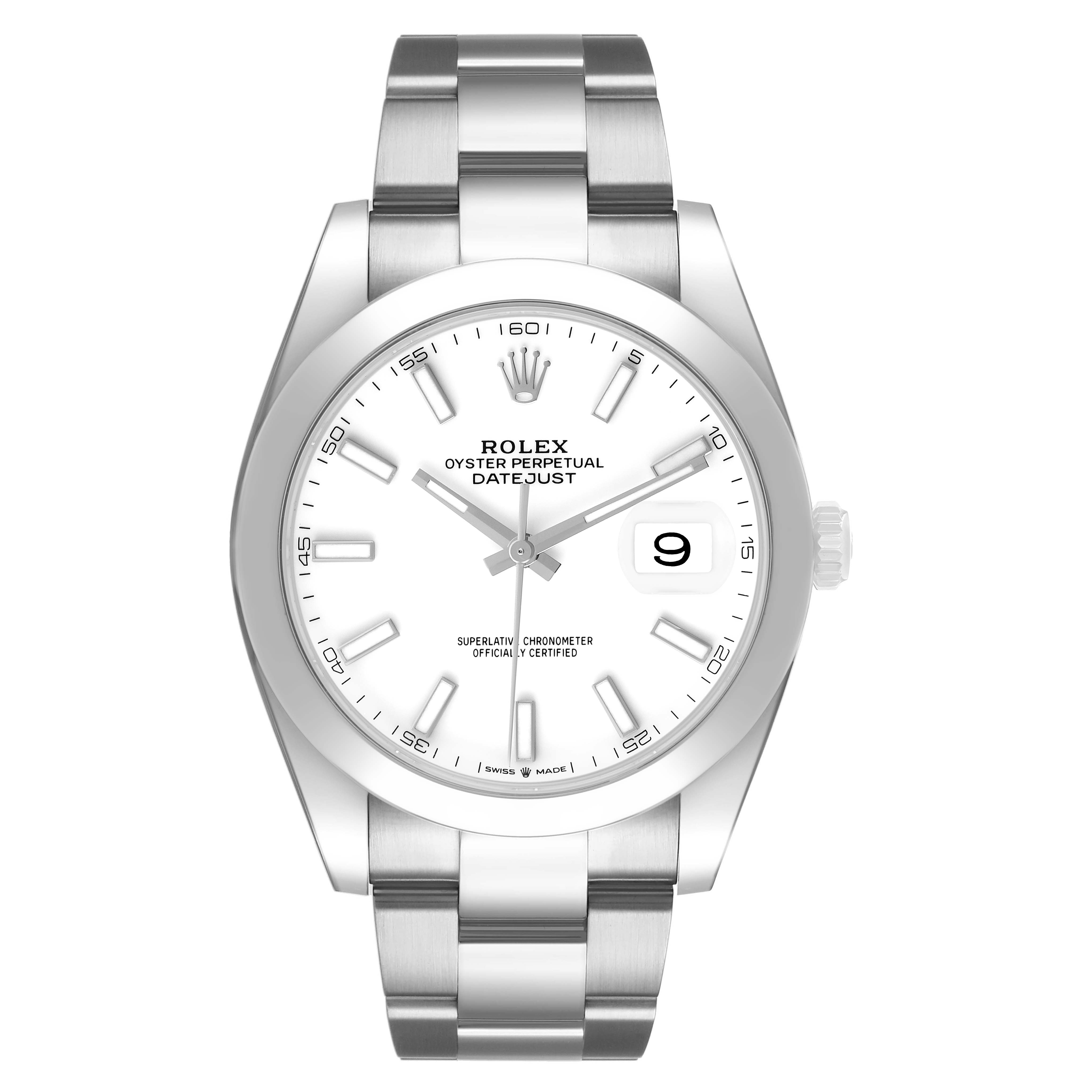The Rolex Datejust 41 126300 Men's Stainless Steel White Dial is shown from a front angle, displaying the full dial, bezel, and bracelet.