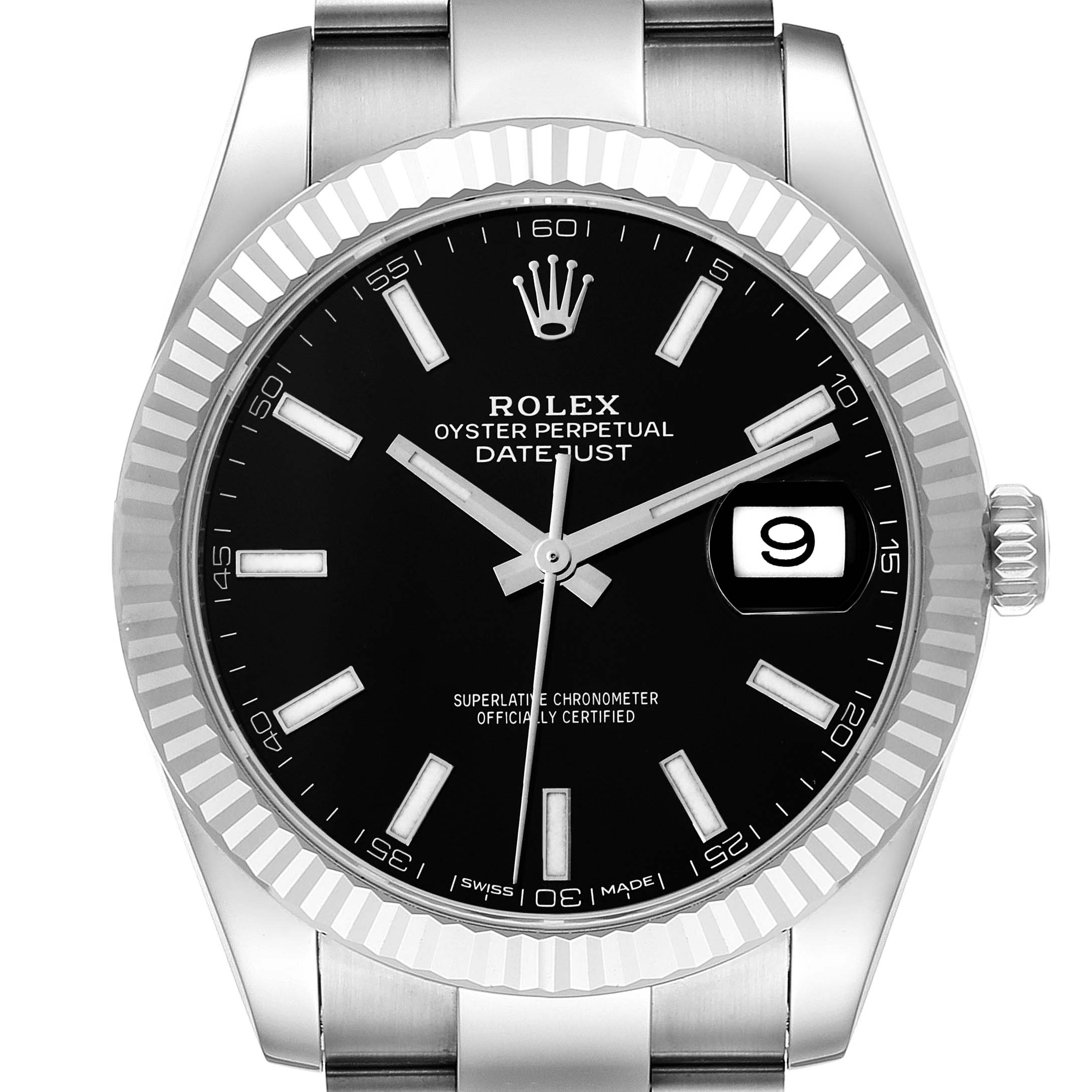 The Rolex Datejust 41 126334 Men's Stainless Steel Black Dial 126334 Men's Stainless Steel Black Dial is shown from the front, highlighting its black dial, fluted bezel, and date window at 3 o'clock.