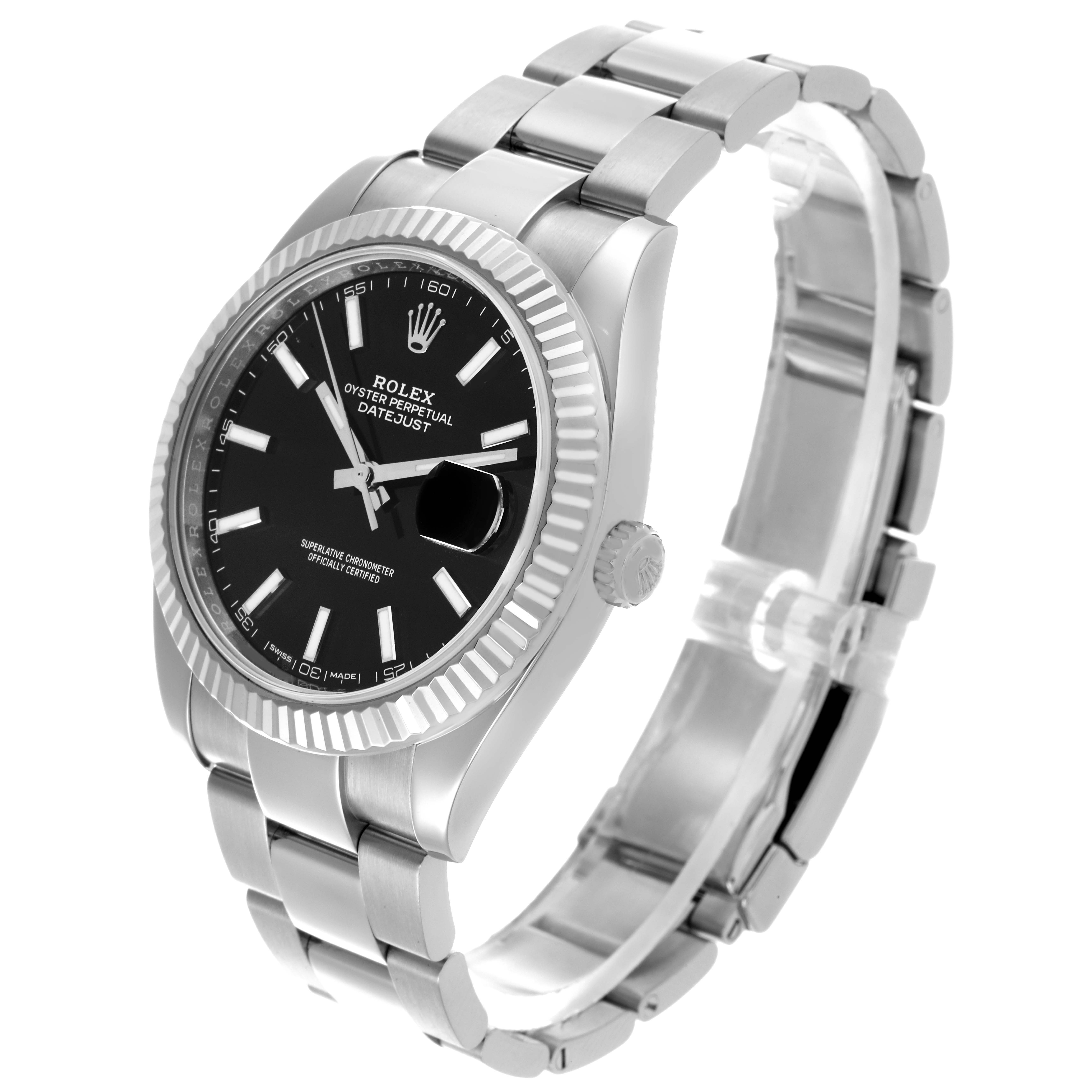 The Rolex Datejust 41 126334 Men's Stainless Steel Black Dial 126334 Men's Stainless Steel Black Dial is shown at a three-quarter angle, highlighting the face, bezel, and bracelet.