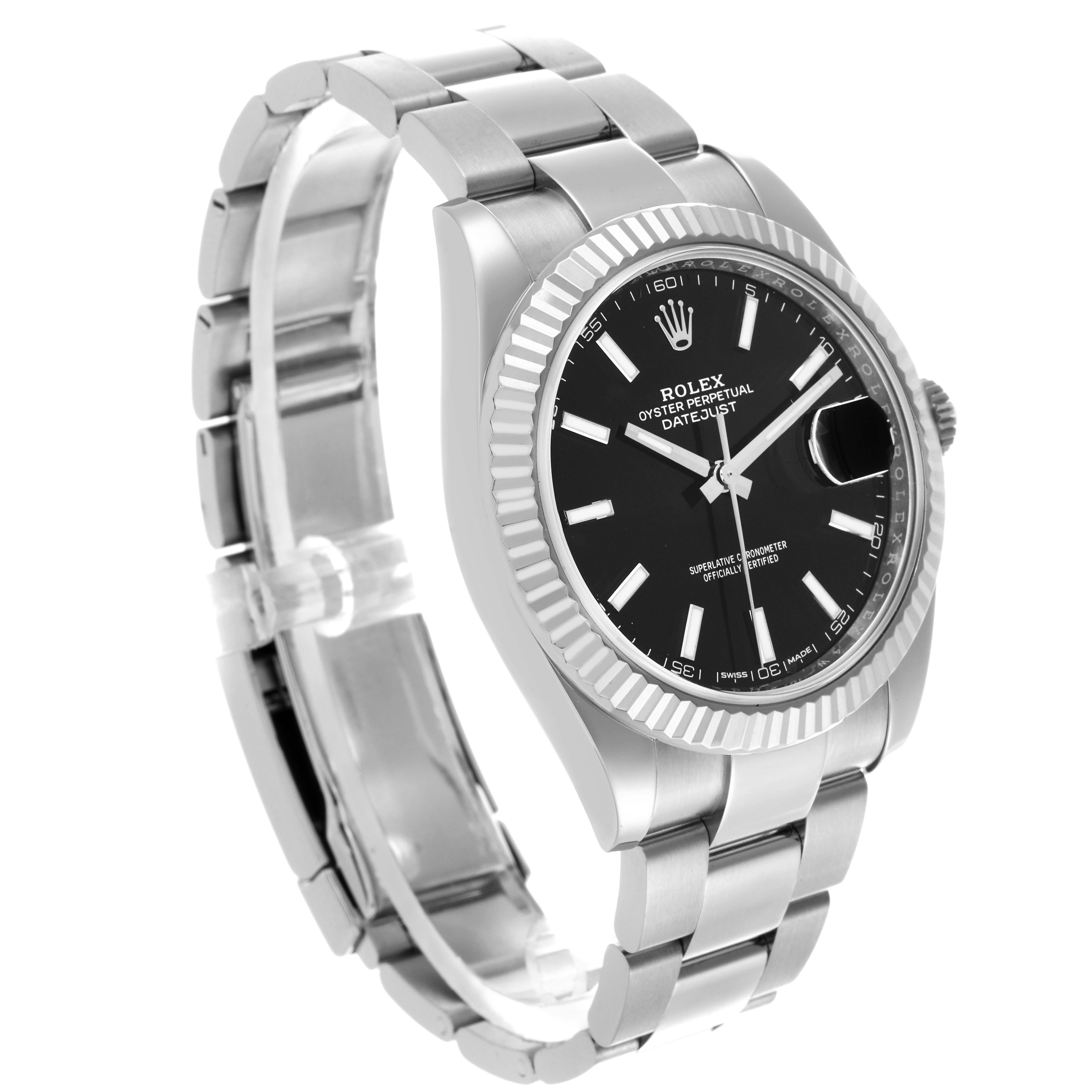 The Rolex Datejust 41 126334 Men's Stainless Steel Black Dial 126334 Men's Stainless Steel Black Dial watch is shown at a three-quarter angle, highlighting the bracelet, bezel, and black dial.