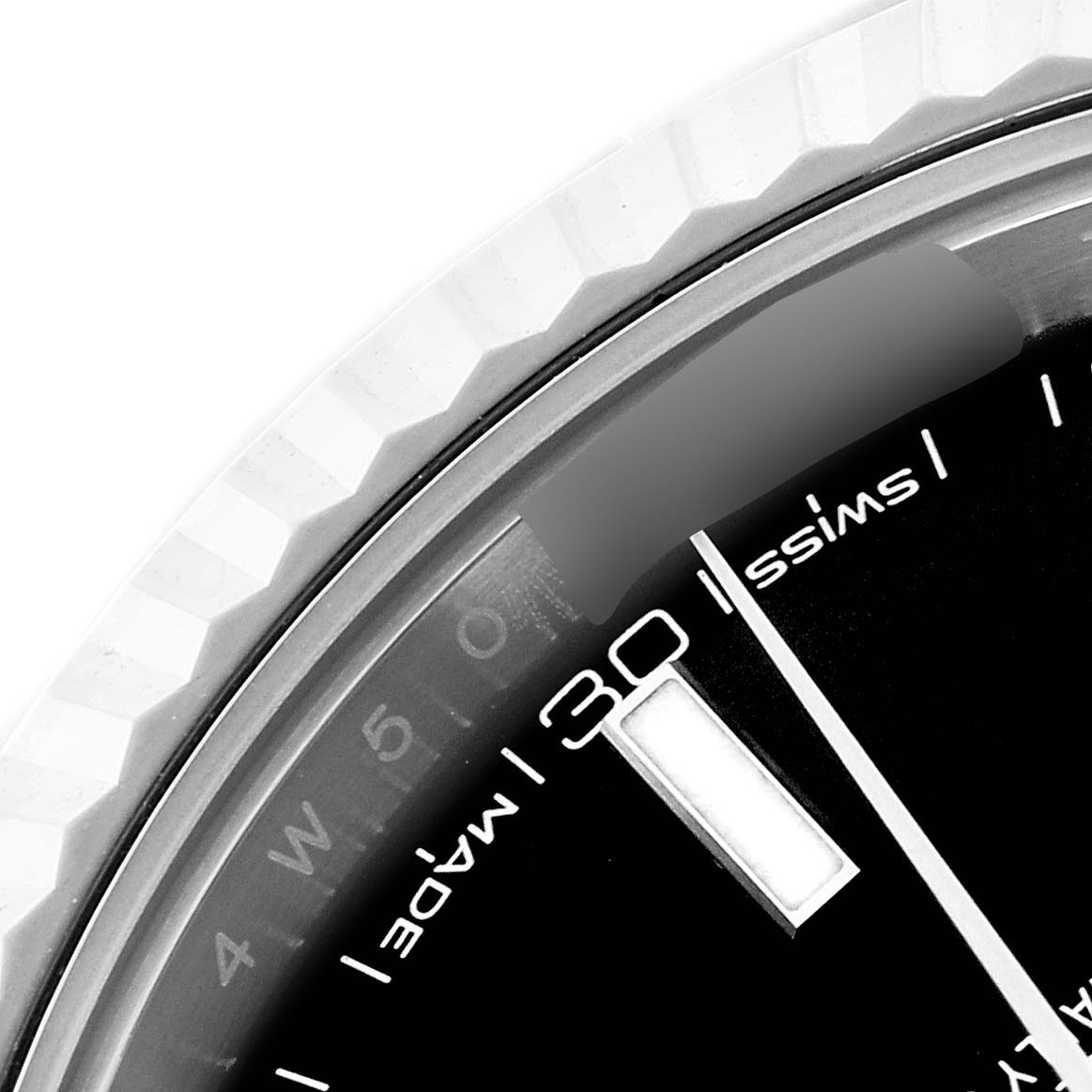 The image shows a close-up of the Rolex Datejust 41 126334 Men's Stainless Steel Black Dial 126334 Men's Stainless Steel Black Dial dial and bezel, highlighting the date and partial hour markers.