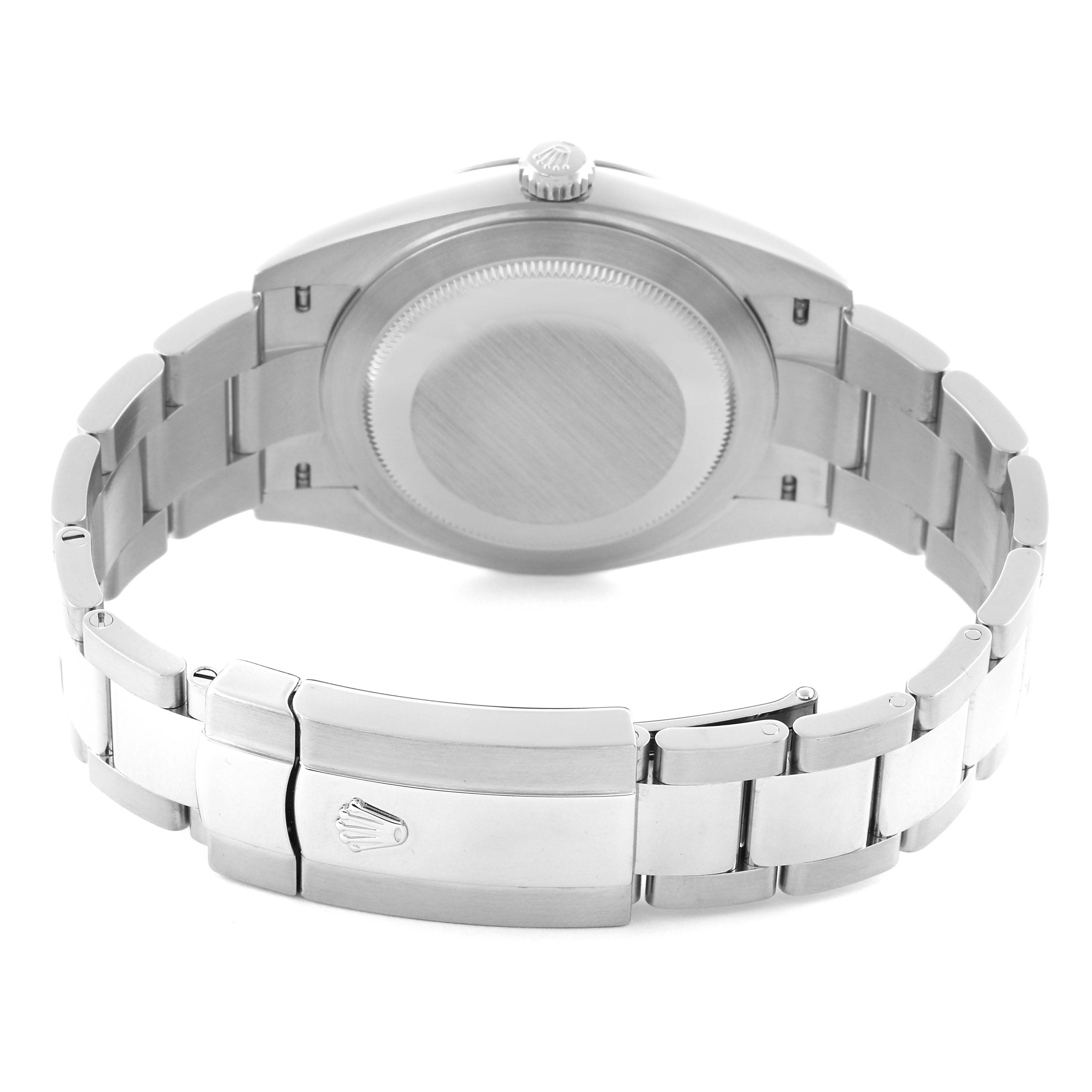 The image shows the back of a Rolex Datejust 41 126334 Men's Stainless Steel Black Dial 126334 Men's Stainless Steel Black Dial, highlighting the case back and bracelet with clasp.