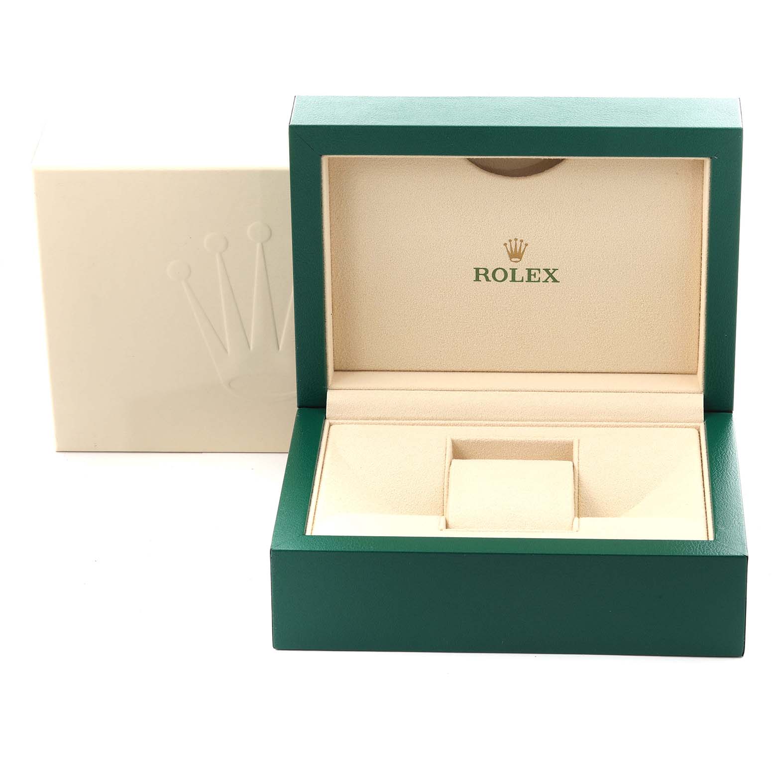 The image shows the open packaging box and outer box for a Rolex Datejust 41 126334 Men's Stainless Steel Black Dial 126334 Men's Stainless Steel Black Dial watch.