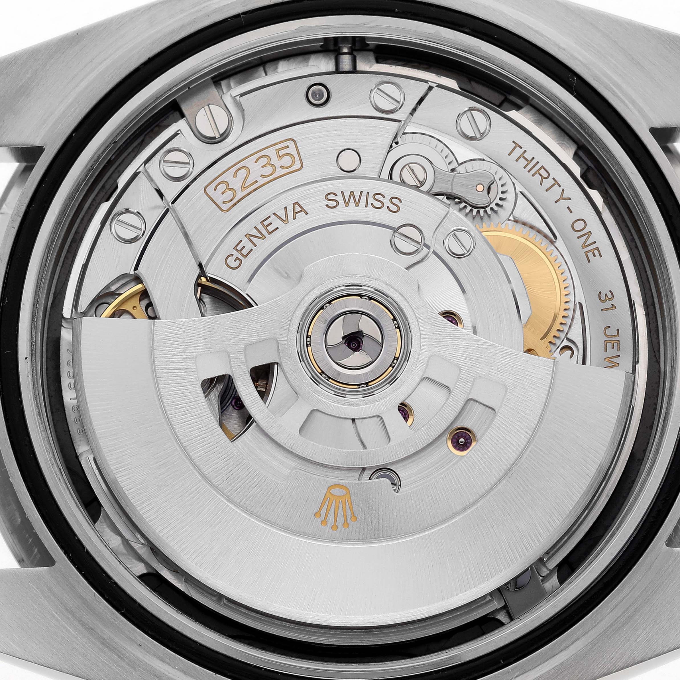 The image shows the movement of a Rolex Datejust 41 126334 Men's Stainless Steel Black Dial 126334 Men's Stainless Steel Black Dial, highlighting the intricate mechanics and rotor from a rear angle.