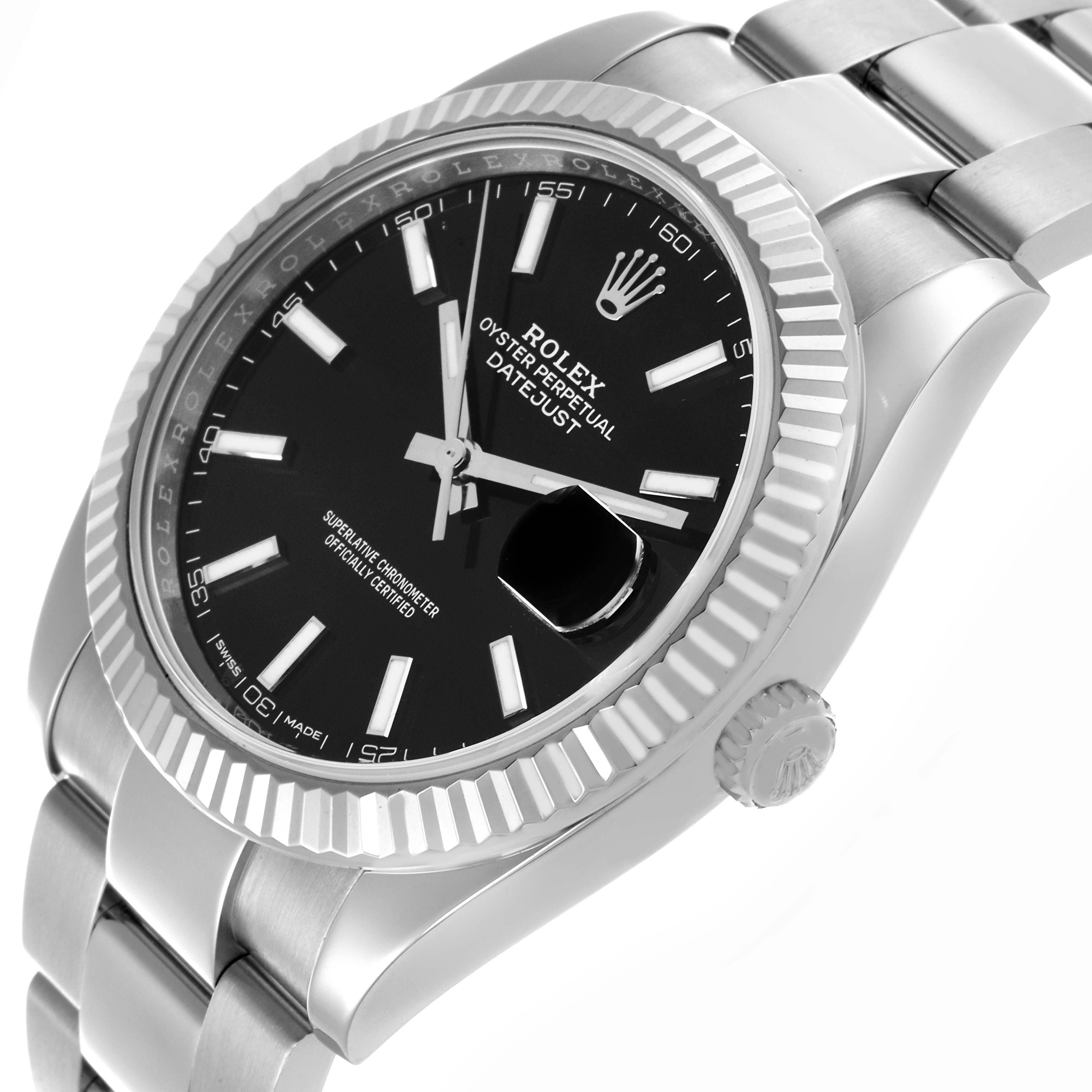 The image shows a Rolex Datejust 41 126334 Men's Stainless Steel Black Dial 126334 Men's Stainless Steel Black Dial watch at a slight angle, highlighting the dial, bezel, case, crown, and part of the bracelet.