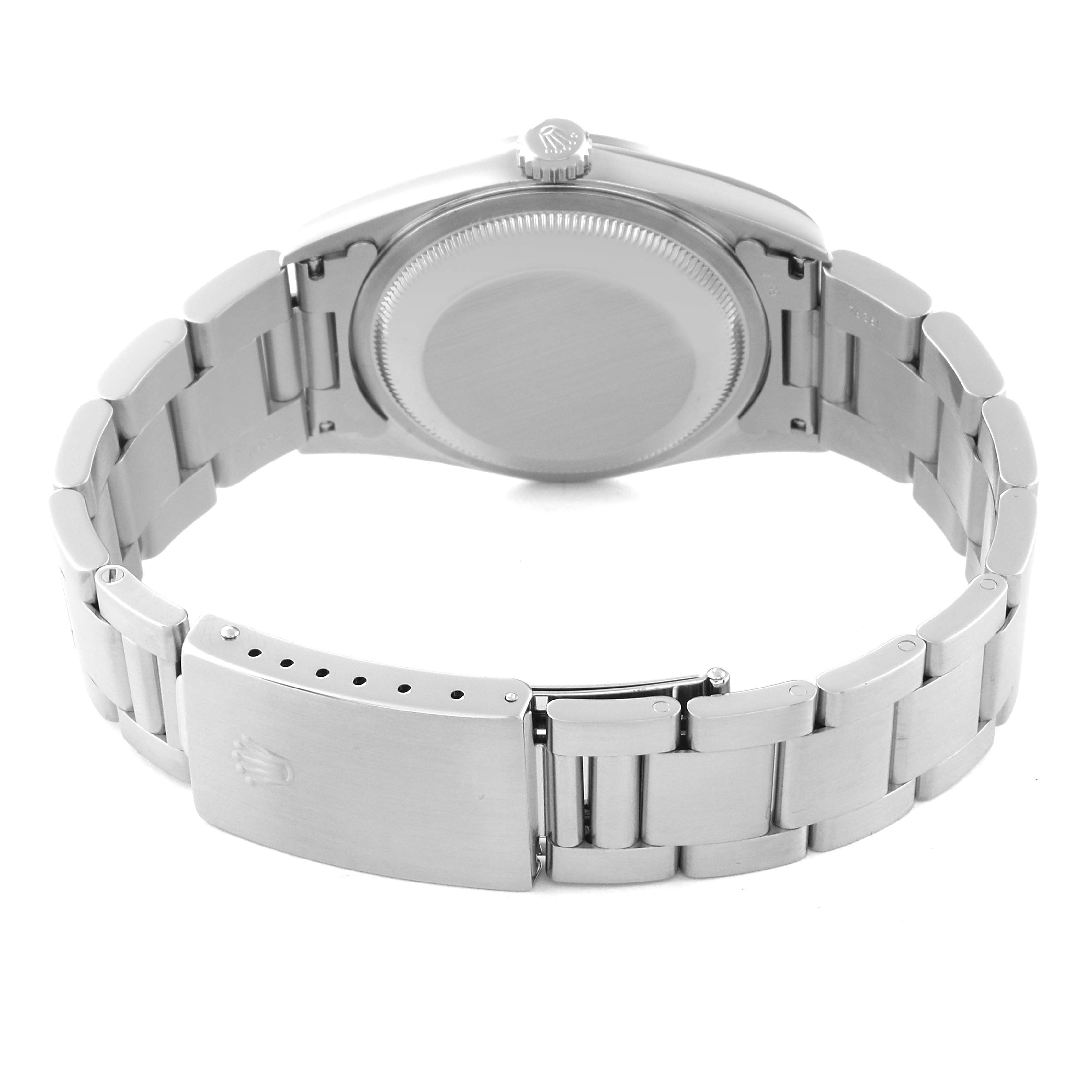 The image shows the back view of a Rolex Datejust 16200 Men's Stainless Steel Blue Dial 16200 Men's Stainless Steel Blue Dial watch, highlighting the clasp, bracelet, and case back.