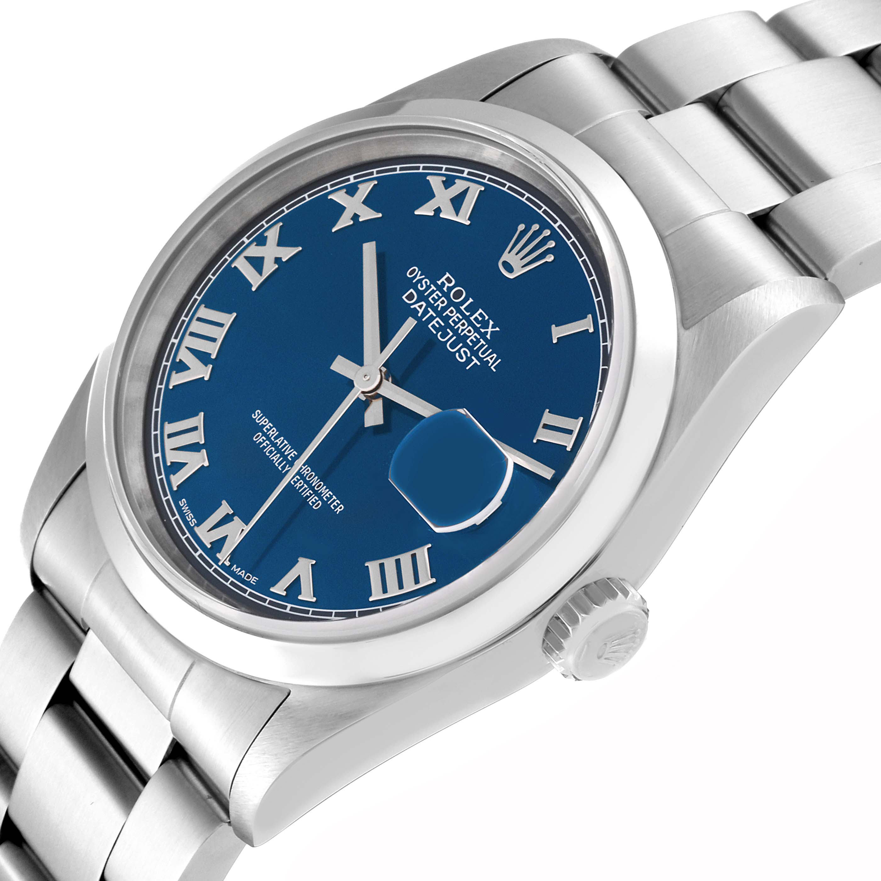 This image shows a Rolex Datejust 16200 Men's Stainless Steel Blue Dial 16200 Men's Stainless Steel Blue Dial watch from an angle highlighting the face, bezel, and part of the bracelet.