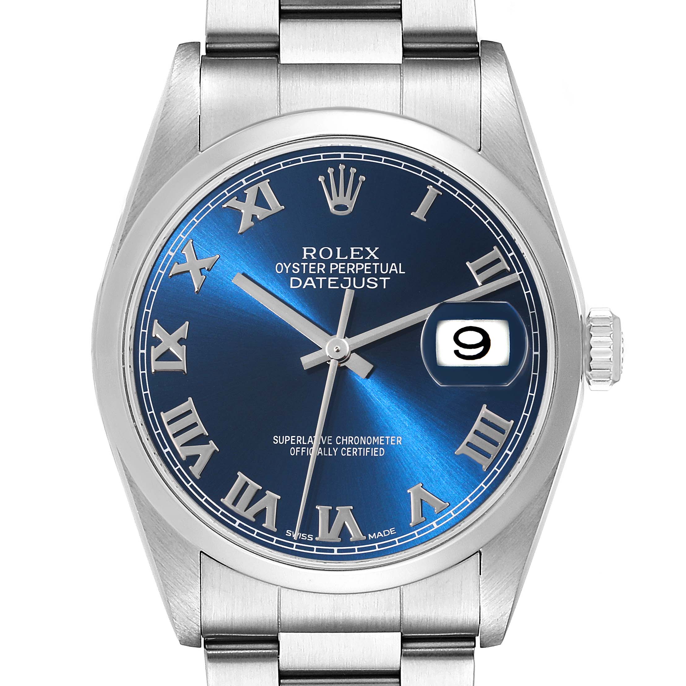 The image shows a front view of the Rolex Datejust 16200 Men's Stainless Steel Blue Dial 16200 Men's Stainless Steel Blue Dial watch, displaying its blue dial, Roman numerals, and date window at 3 o'clock.