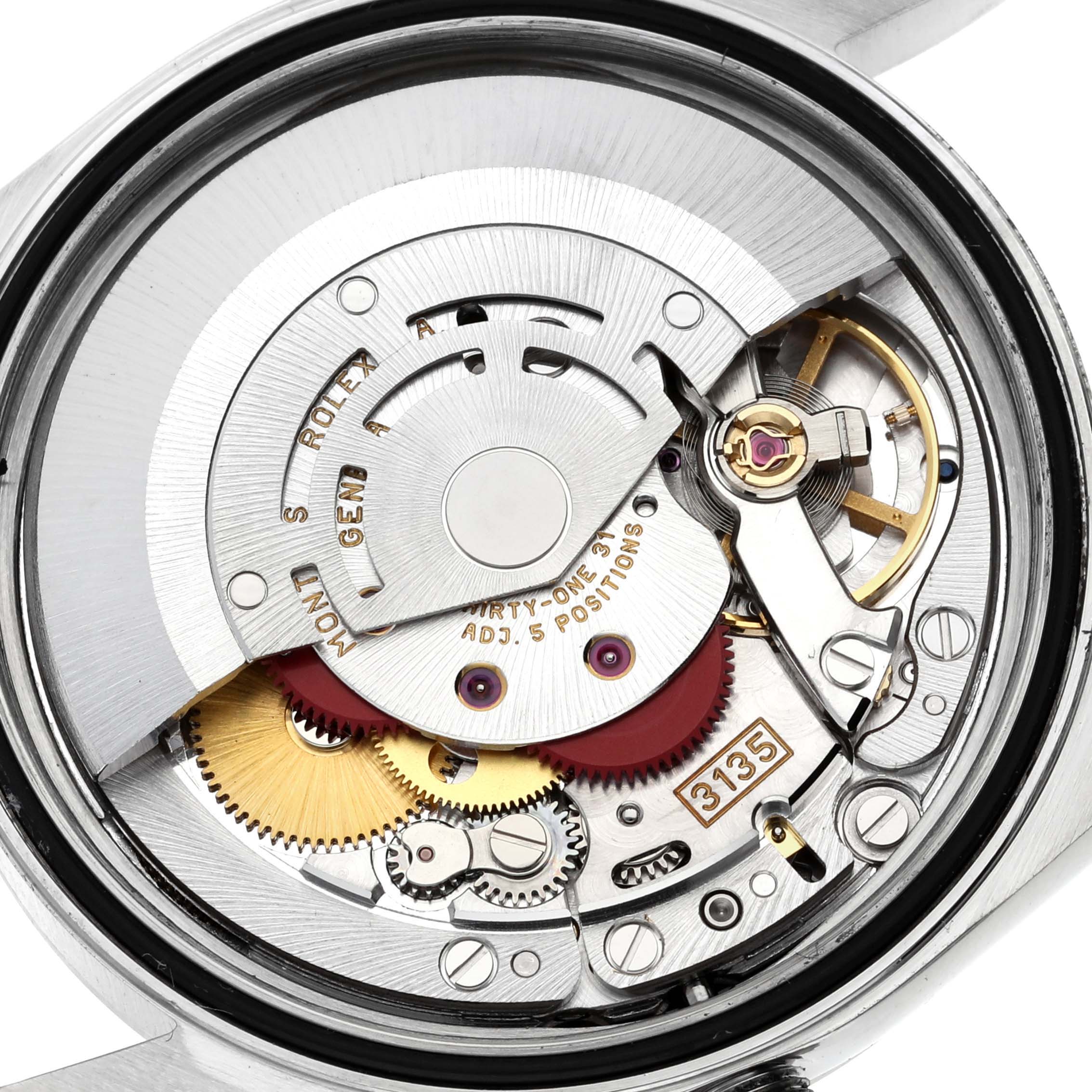 This image shows the movement mechanism from the back of a Rolex Datejust 16200 Men's Stainless Steel Blue Dial 16200 Men's Stainless Steel Blue Dial watch.