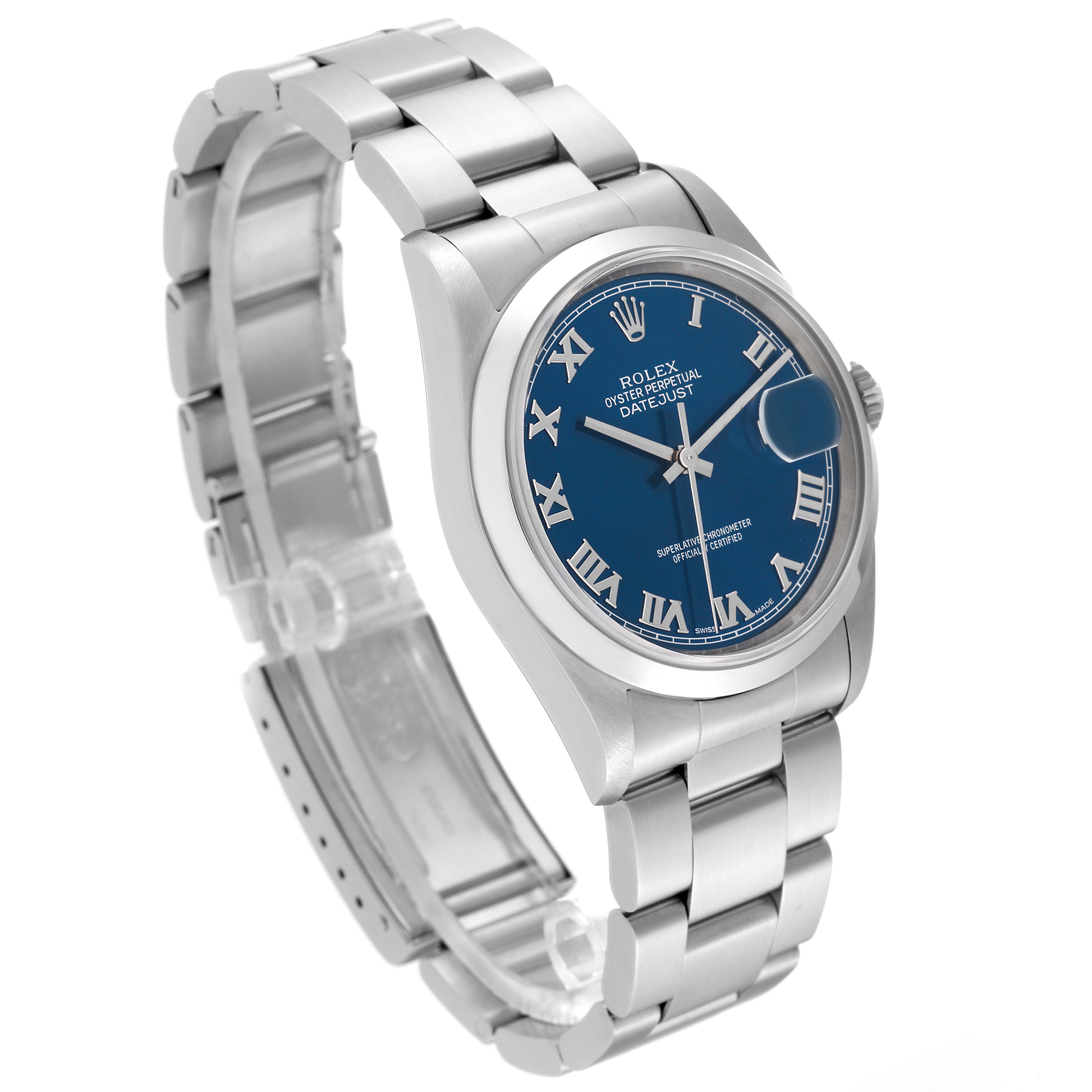 The image shows a Rolex Datejust 16200 Men's Stainless Steel Blue Dial 16200 Men's Stainless Steel Blue Dial watch angled to display the blue dial, Roman numerals, bezel, and stainless steel bracelet.