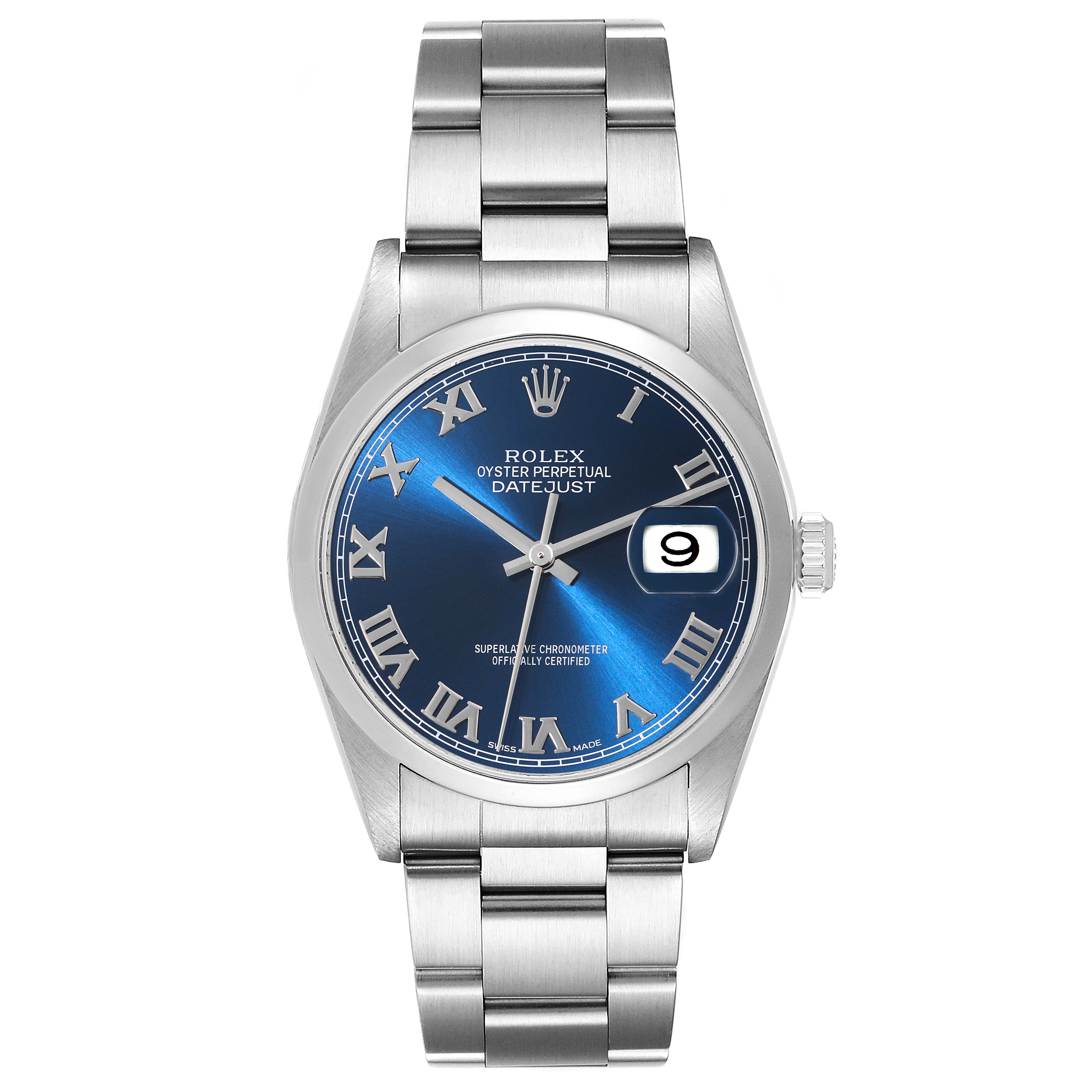 This image shows a frontal view of the Rolex Datejust 16200 Men's Stainless Steel Blue Dial 16200 Men's Stainless Steel Blue Dial watch, displaying its blue dial, Roman numerals, and stainless steel bracelet.